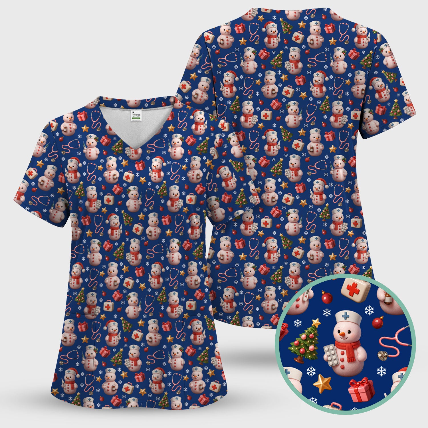 Snowman Pattern Christmas Nurse Scrub Top - Cute Holiday Medical Shirt - Funny Festive Scrubs Gift for RN LPN CNA Nurses