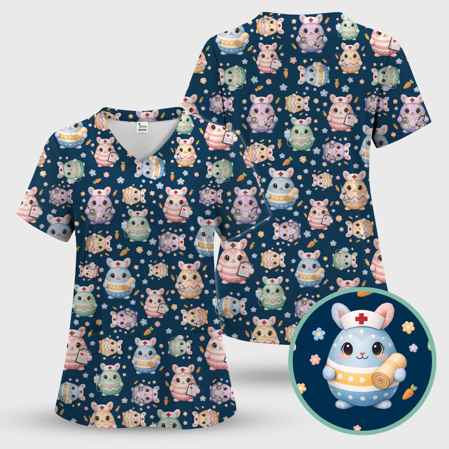 Cute Nurse Bunny Pastel Floral Print Scrubs, Breathable Fabrics Nursing Uniform, Easter