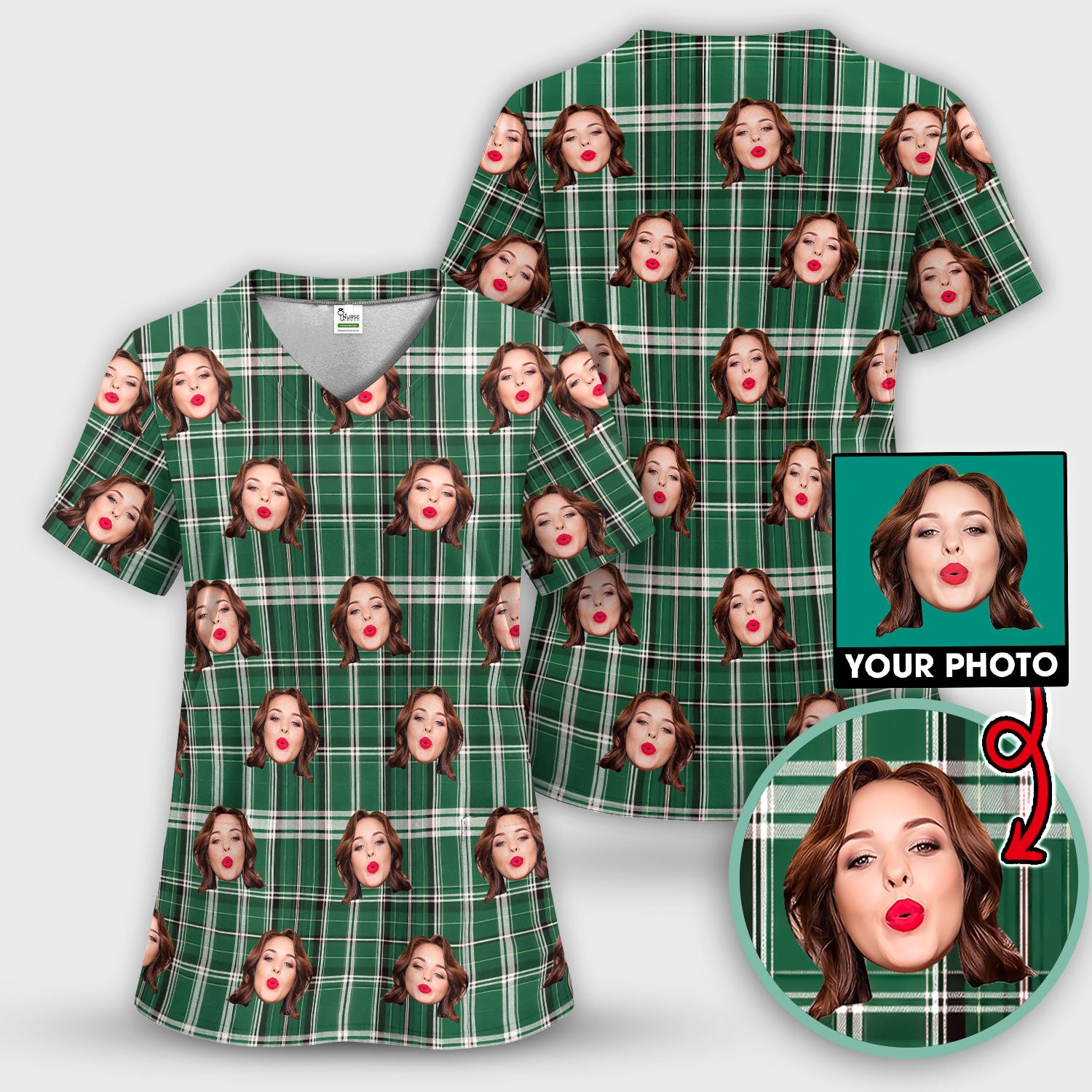 Personalized Funny Face Plaid Scrub Top, Custom Photo Pattern Medical Shirt, Breathable Fabrics Nursing Uniform