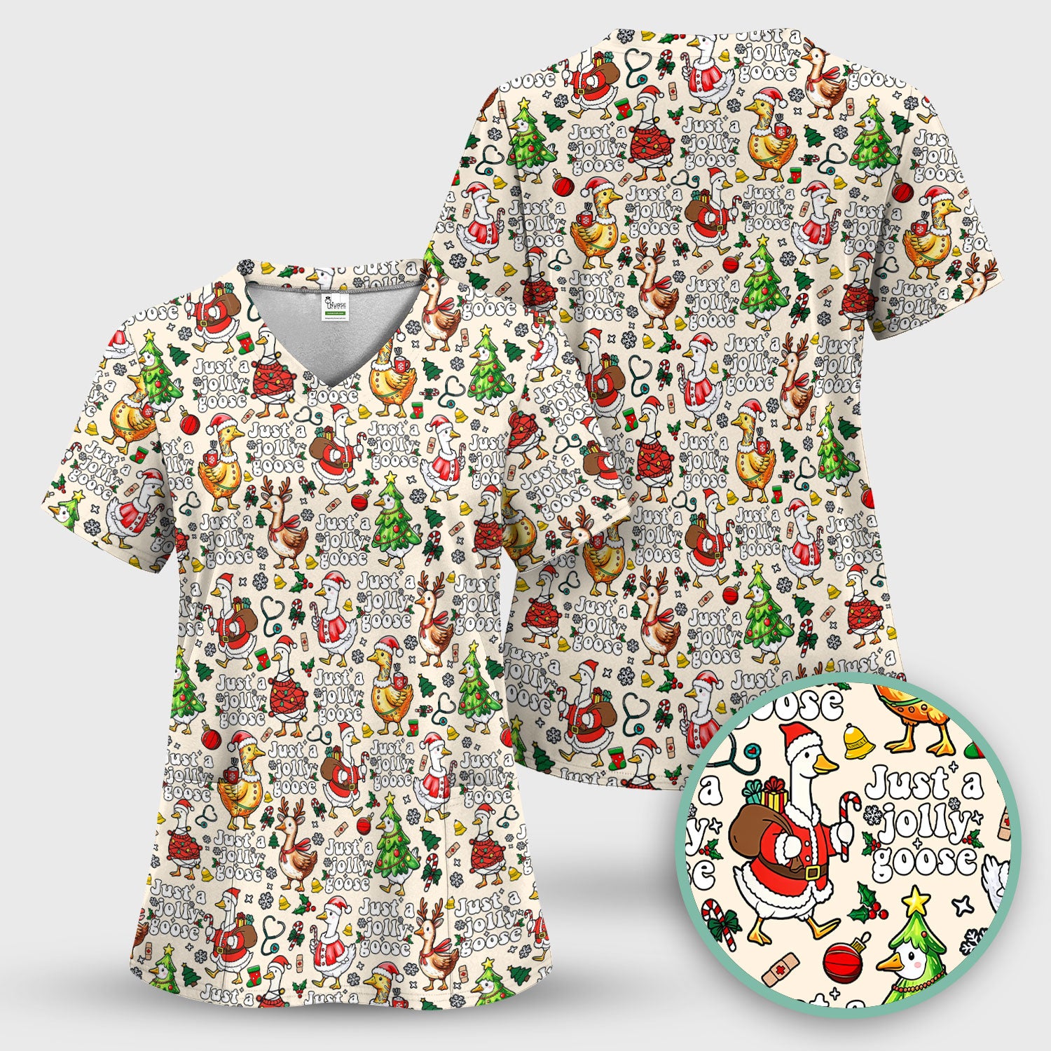 Christmas Goose Scrub Top for Nurse - Funny Jolly Holiday Medical Shirt for Women