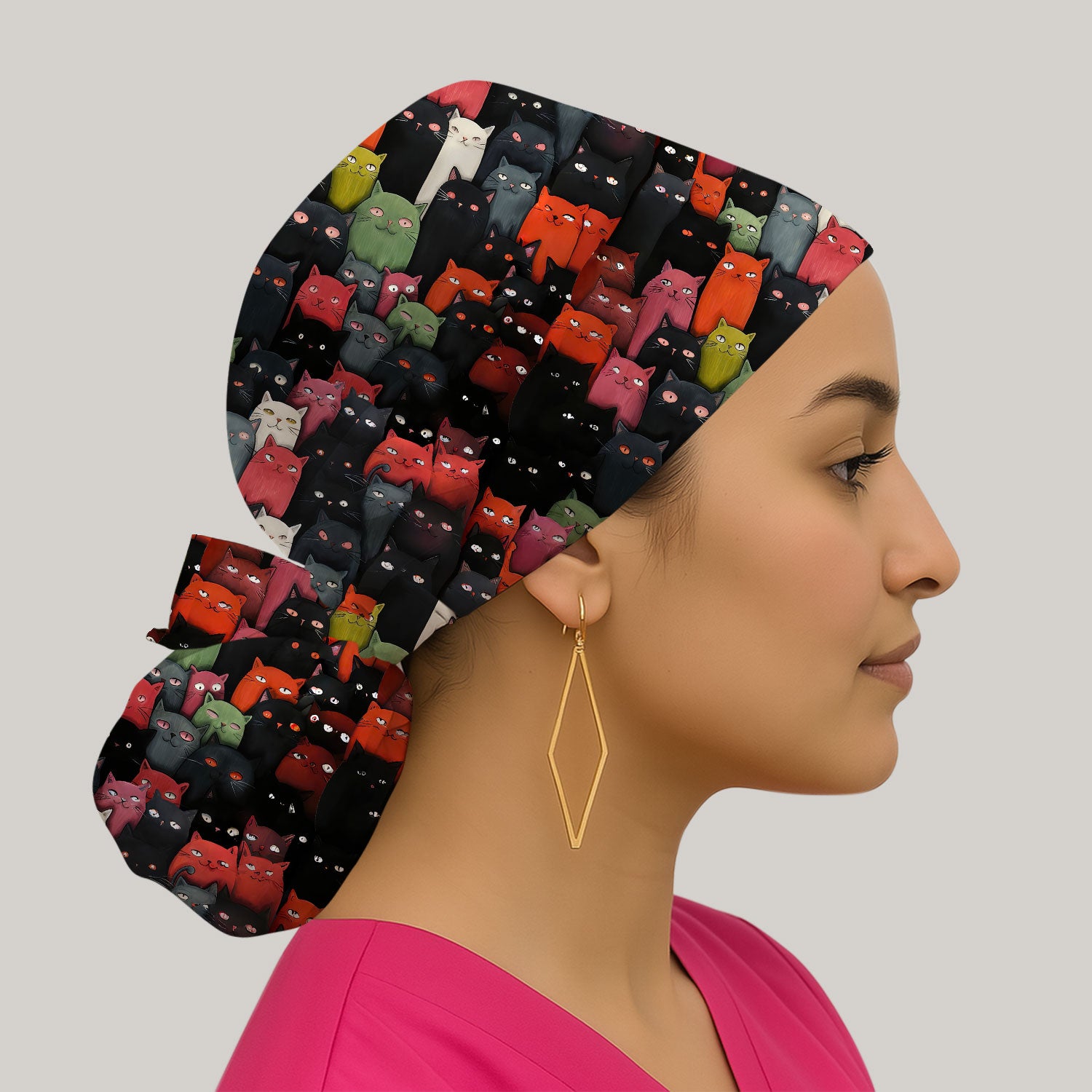 Cat Pattern Nurse Scrub Cap, Artistic Cat Nurses Hat For Women, Breathable Fabrics Nursing Uniform