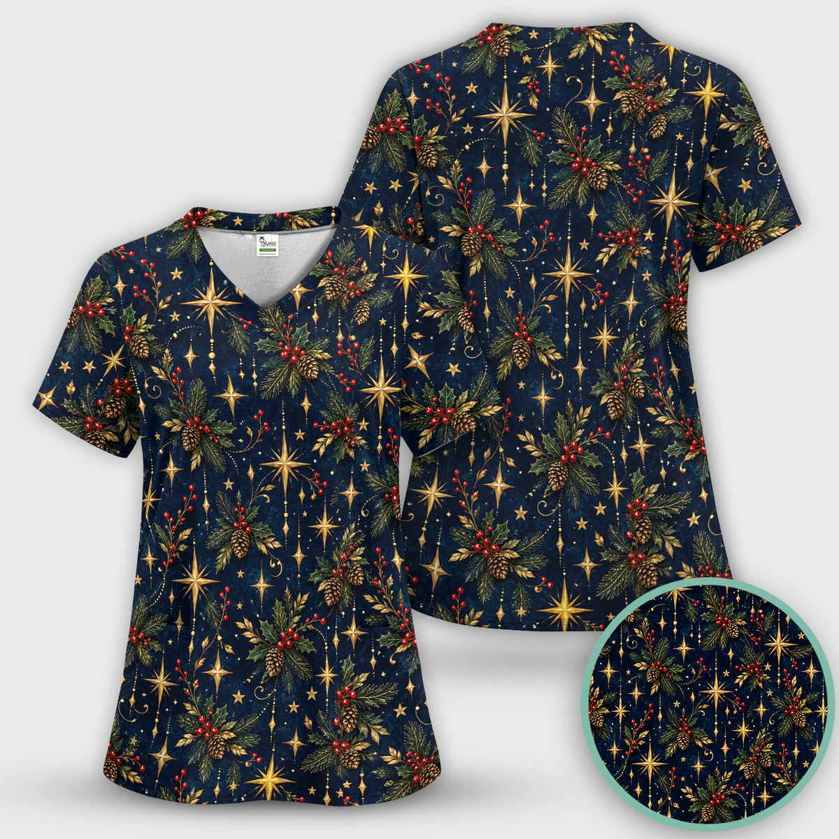 Elegant Christmas Gold Stars and Pinecones Pattern Scrub Top, Comfortable Scrubs for Nurses
