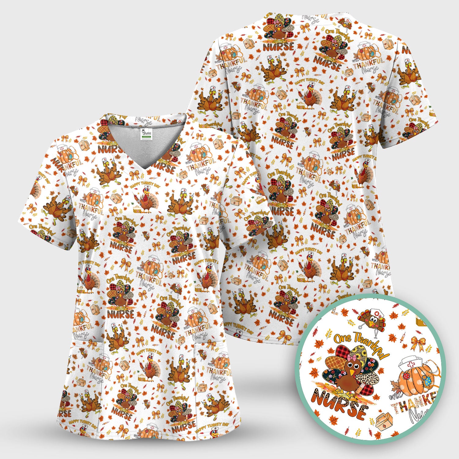 Thanksgiving Nurse Shirt for Women - Turkey Pumpkin Scrub Top for Nurses - Fall Med Uniform for RN CNA LPN