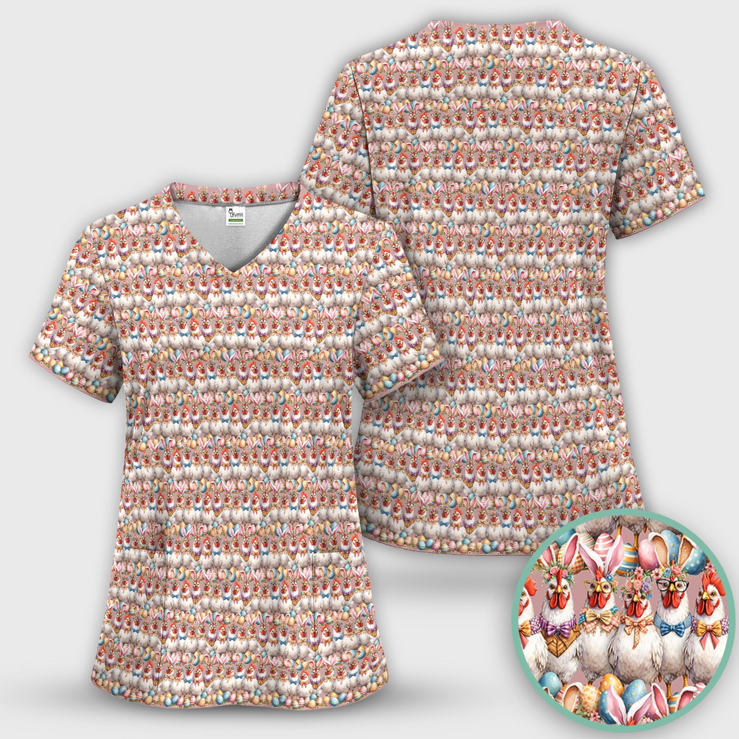 Easter Bunny Chicken Pattern Scrub Top, Comfortable Scrubs for Nurses