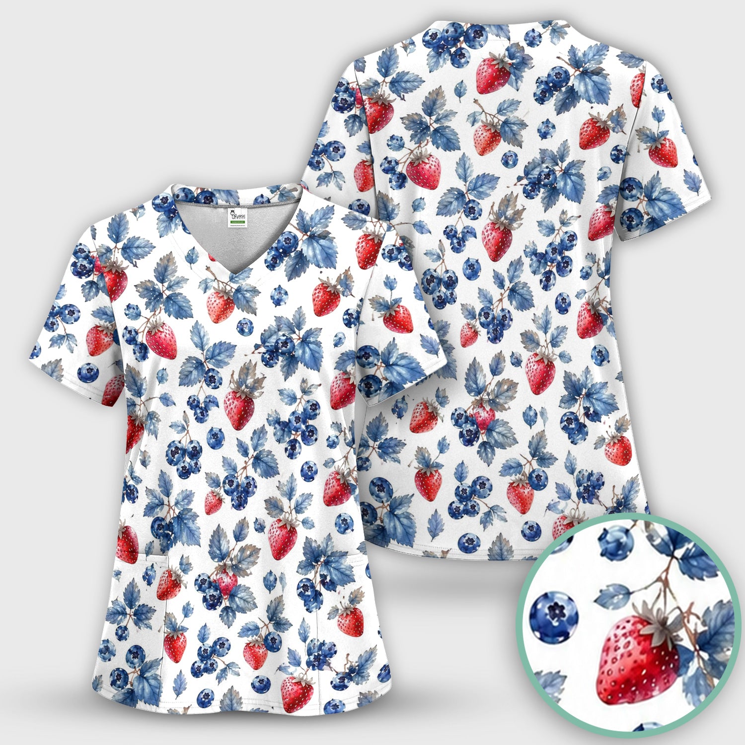 Cute Strawberry & Blueberry Leaf Pattern Scrub Top, Comfortable Scrubs for Nurses