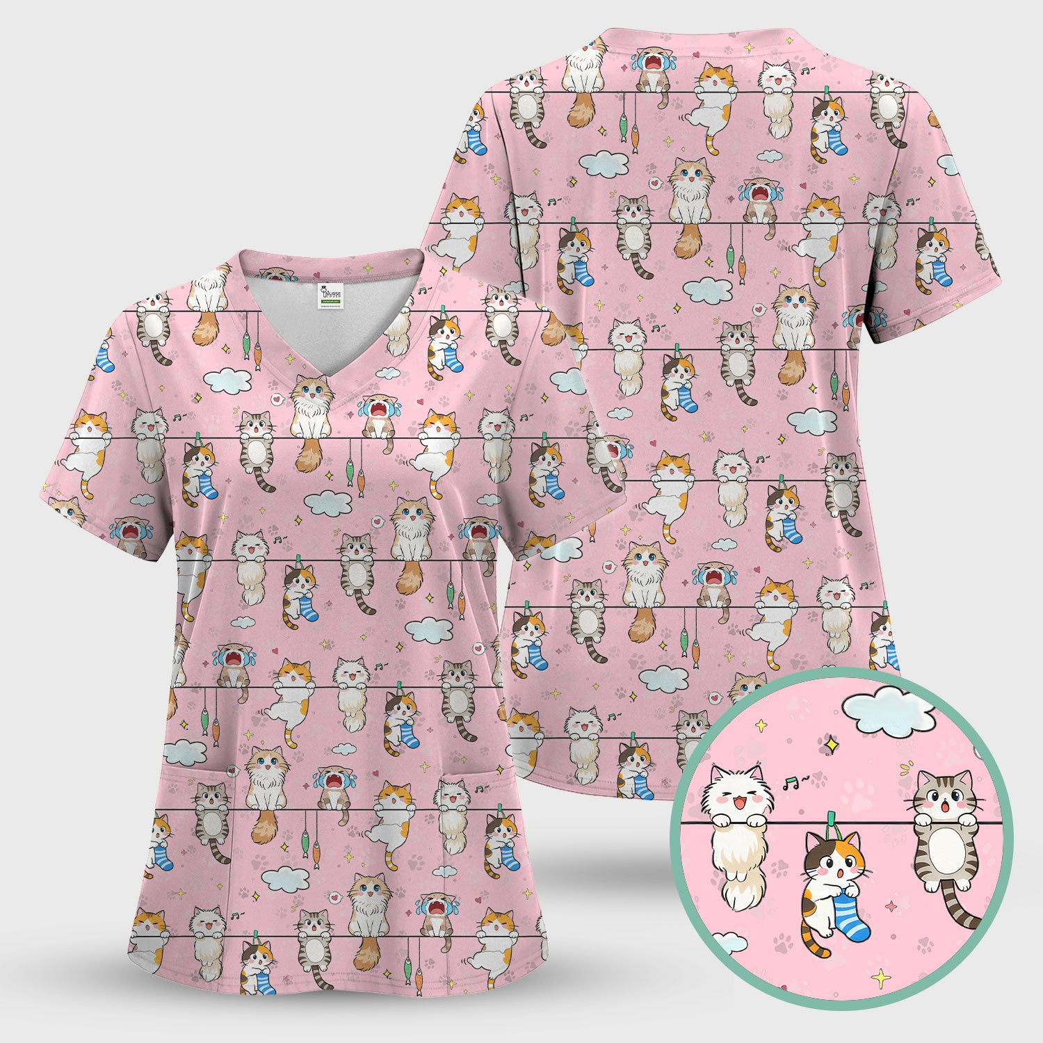 Funny Cats With Cute Expressions Pattern Scrubs Top, Comfortable Scrubs for Nurses