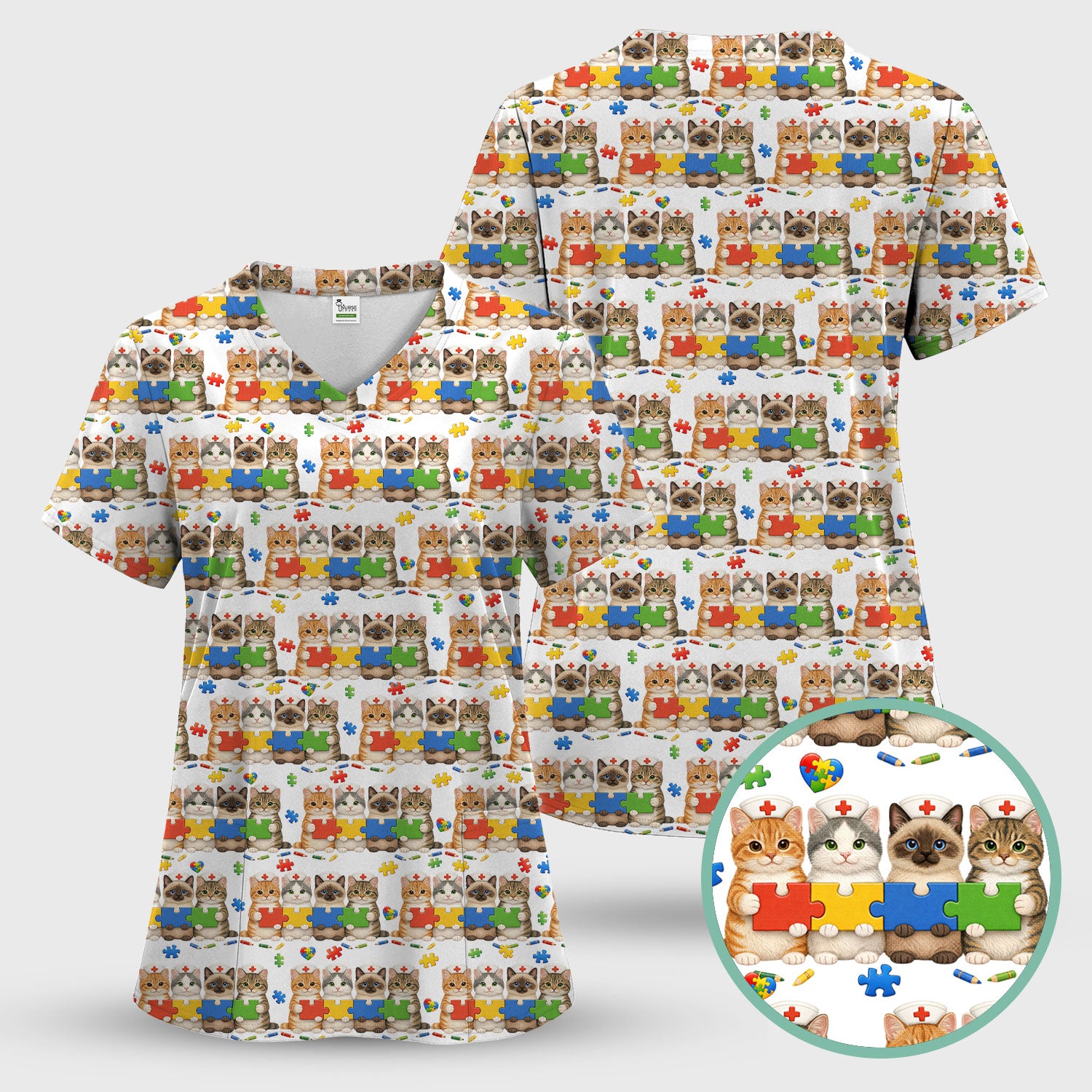Autism Awareness Nurse Scrub Top, Cat Autism Pattern Nurses Shirt, Comfortable Uniform Scrubs For Nursing