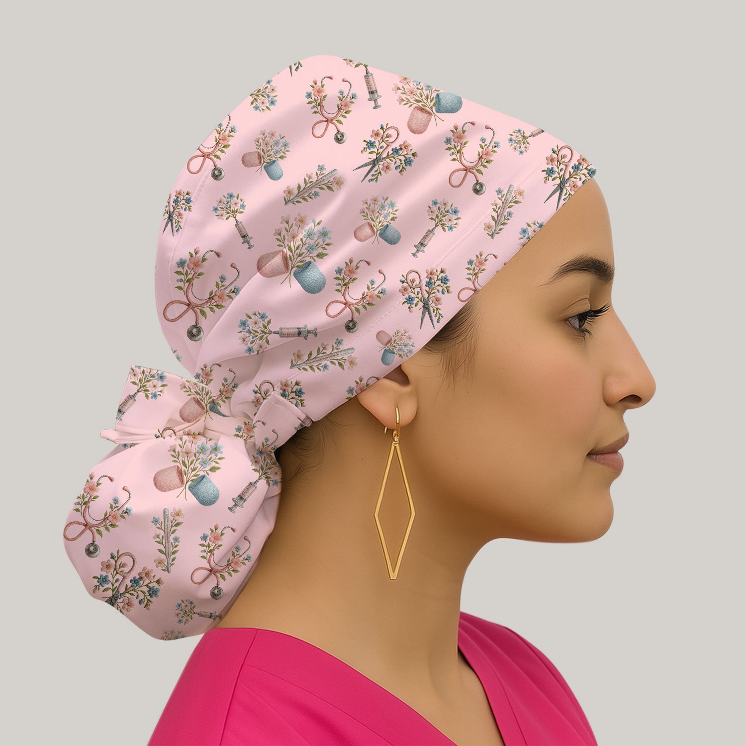 Floral Medical Scrub Hat, Elegant Stethoscope With Flower Nursing Cap, Breathable Fabrics Nurse Uniform