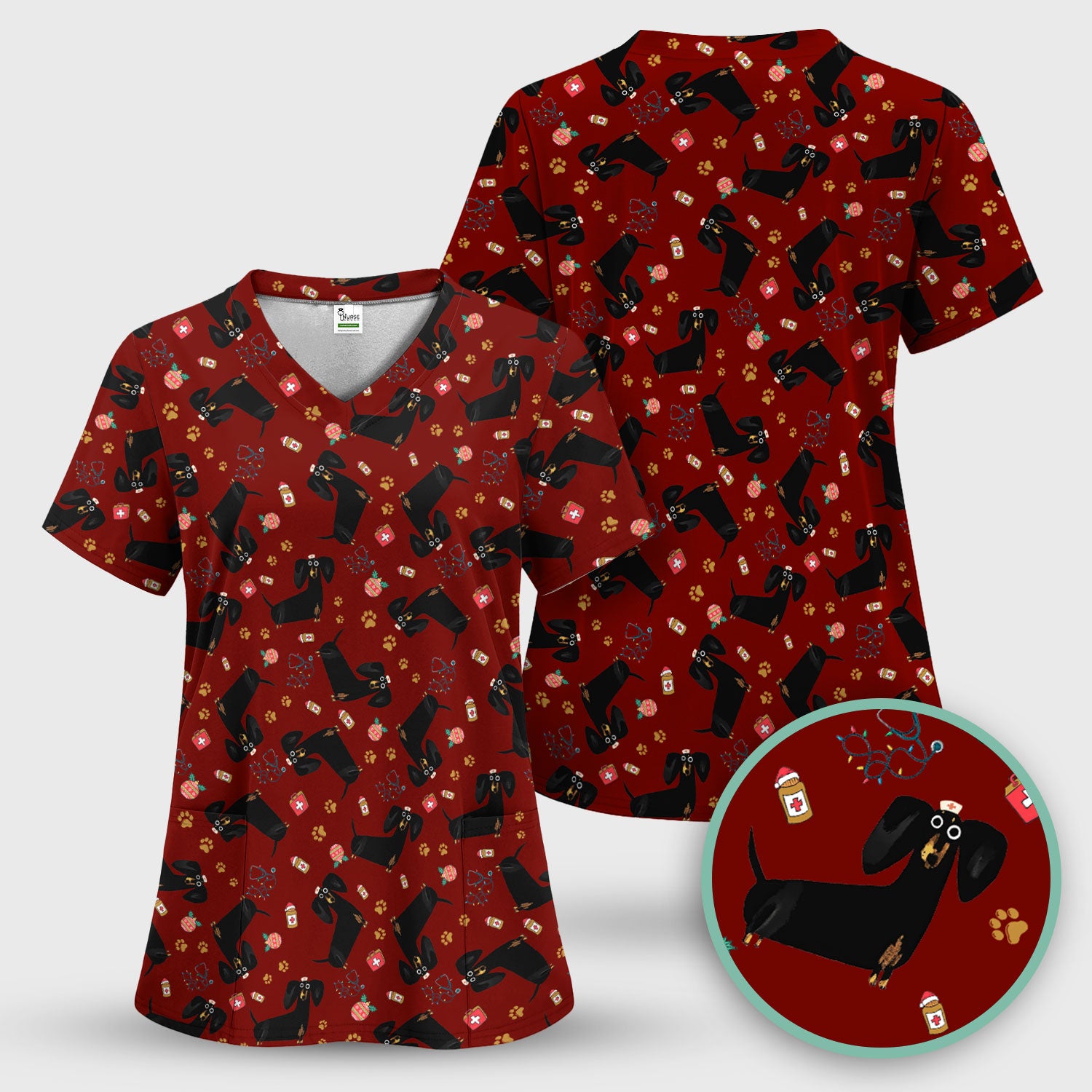 Funny Wiener Dog Scrub Top for Nurses - Cute Black Dachshund Medical Shirt - Dog Lover Nursing Uniform Gift for Women