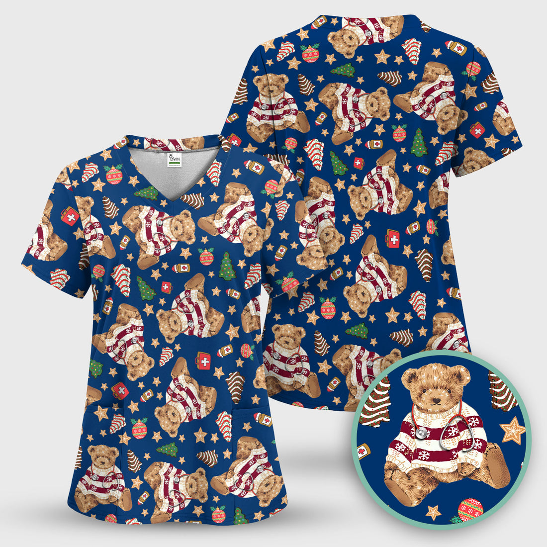 Teddy Bear Christmas Scrub Top - Cute Holiday Medical Pattern with Warm Sweater Bear - Gift for Nurses RN CNA LPN