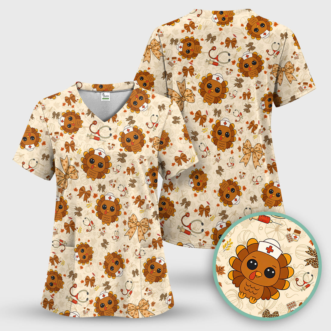 Thanksgiving Turkey Scrub for Nurses - Breathable Fabrics Nursing Uniform - Autumn Med Shirt Gift for Women