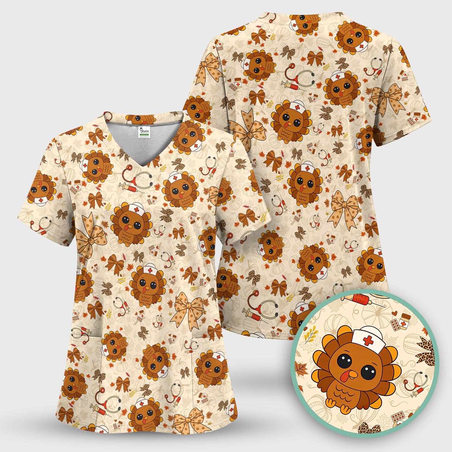Thanksgiving Turkey Scrub for Nurses - Breathable Fabrics Nursing Uniform - Autumn Med Shirt Gift for Women