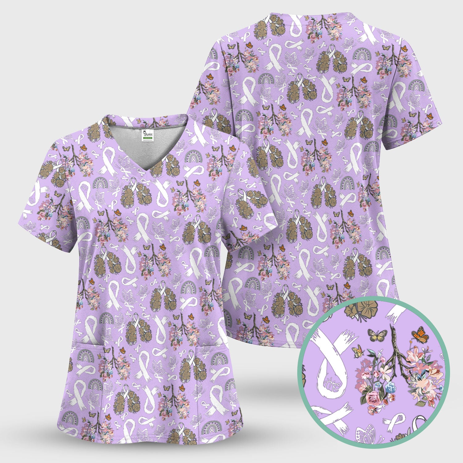 Lung Cancer Awareness Scrub Top for Women - White Ribbon Butterfly Floral Medical Uniform - Comfortable Scrubs for Nurses