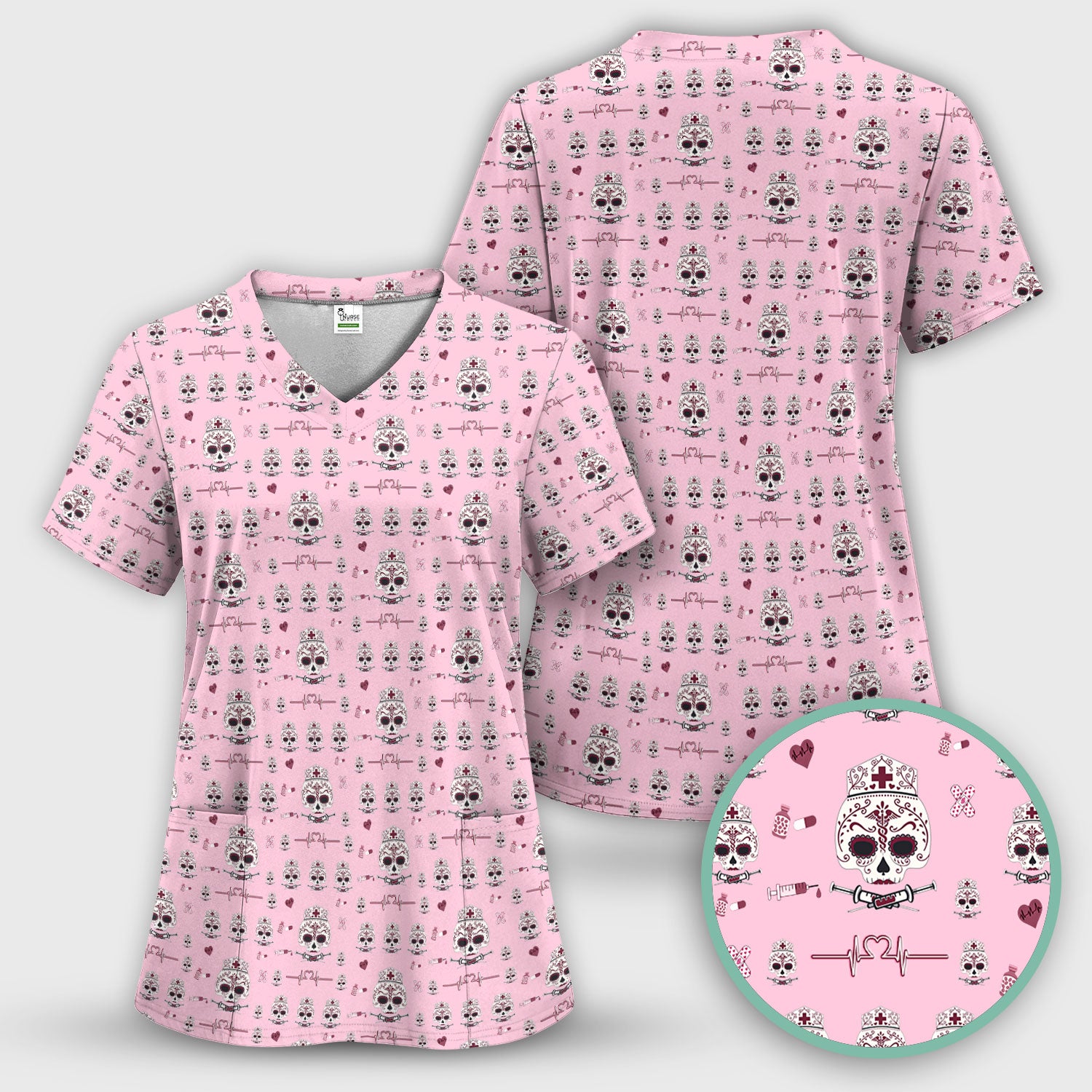 Sugar Skull Scrub Top, Skull Pattern Scrub Shirt, Breathable Fabrics Nursing Uniform