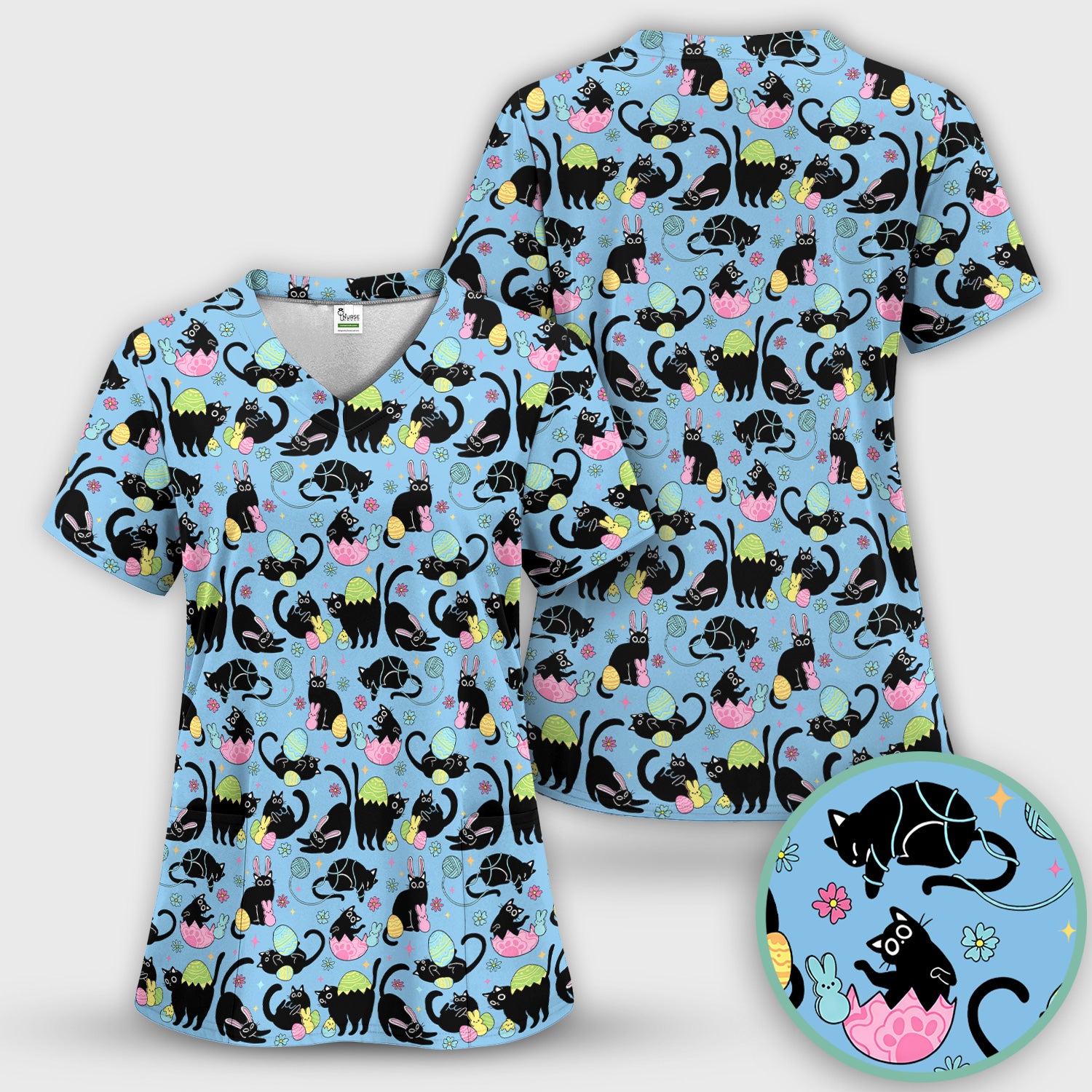 Funny Easter Black Cat Egg Pattern Scrub Top, Breathable Fabrics Nursing Uniform
