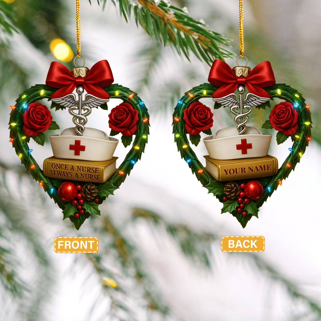 Custom Name Nurse Christmas Ornament with Heart and Roses, Inspirational Holiday Gift for Healthcare Workers