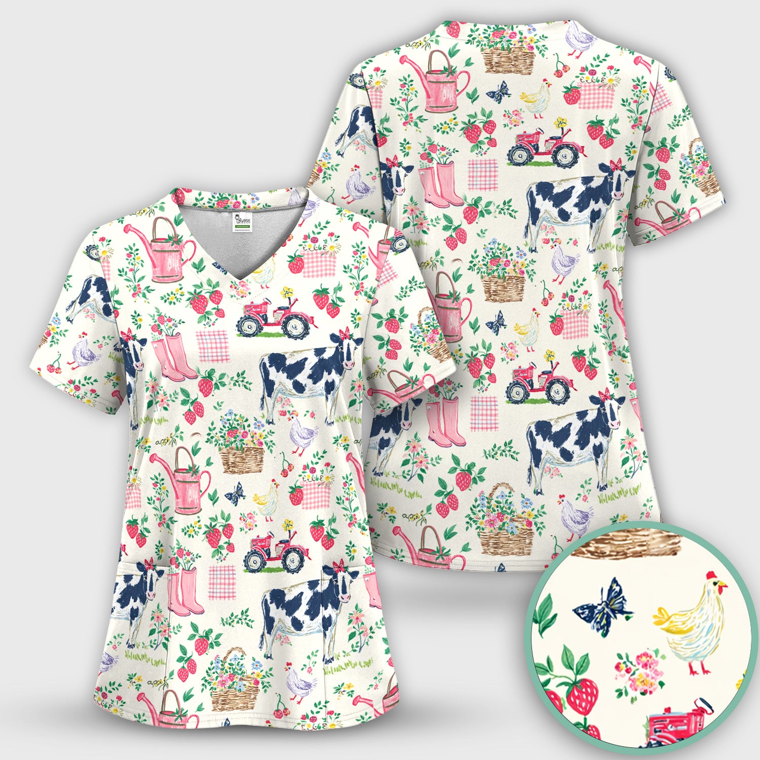 Strawberry Cow Country Style Scrub Top, Comfortable Scrubs for Nurses