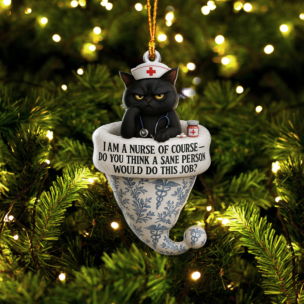Custom Name Black Cat Nurse Ornament, Funny Toile de Jouy Nursing Christmas Decor, Sarcastic Nurse Holiday Gift