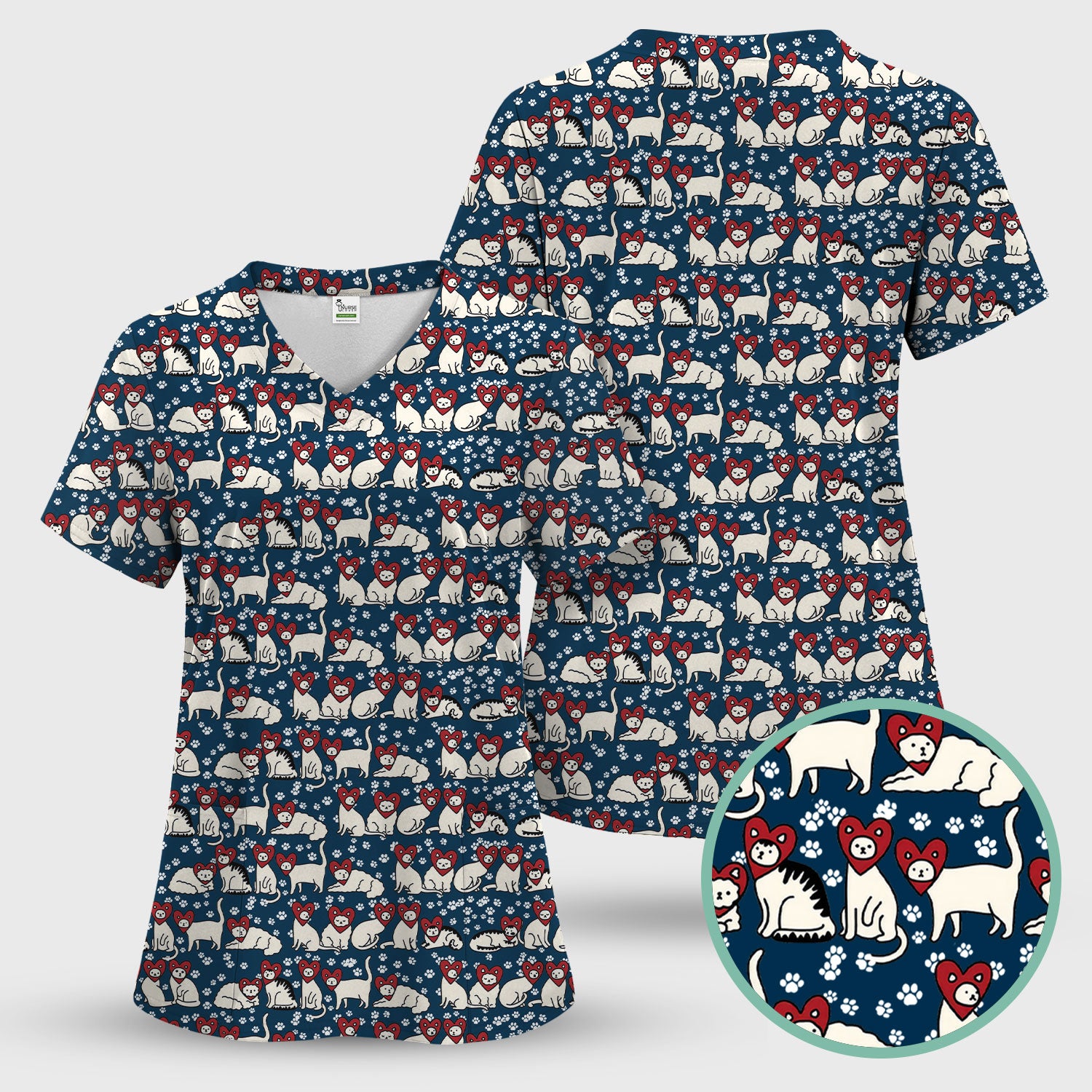 Cute Cat Heart Pattern Scrub Top, Funny Cat Scrub Shirt For Nurses, Breathable Fabrics Nursing Uniform