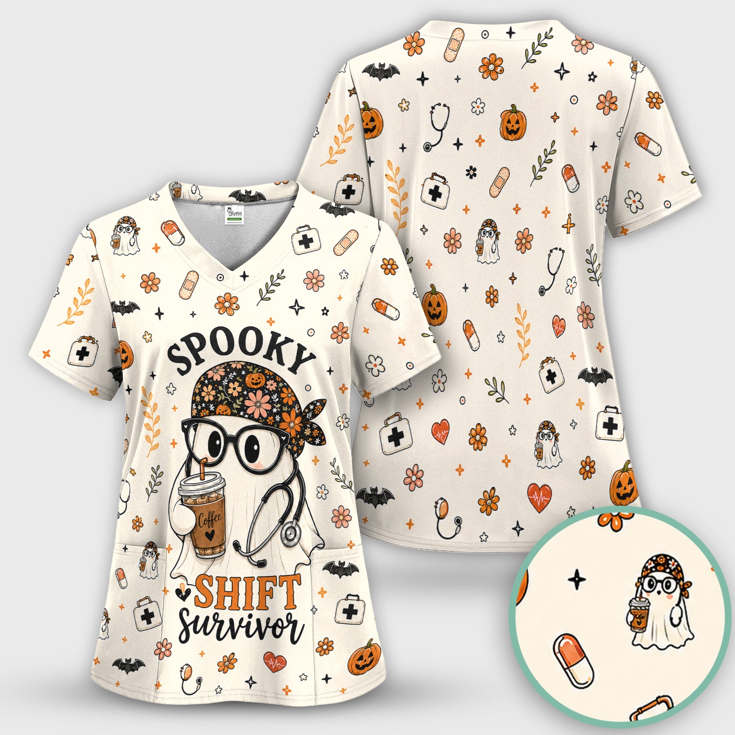 Halloween Shift Survivor Ghost Scrub Top, Comfortable Scrubs for Nurses