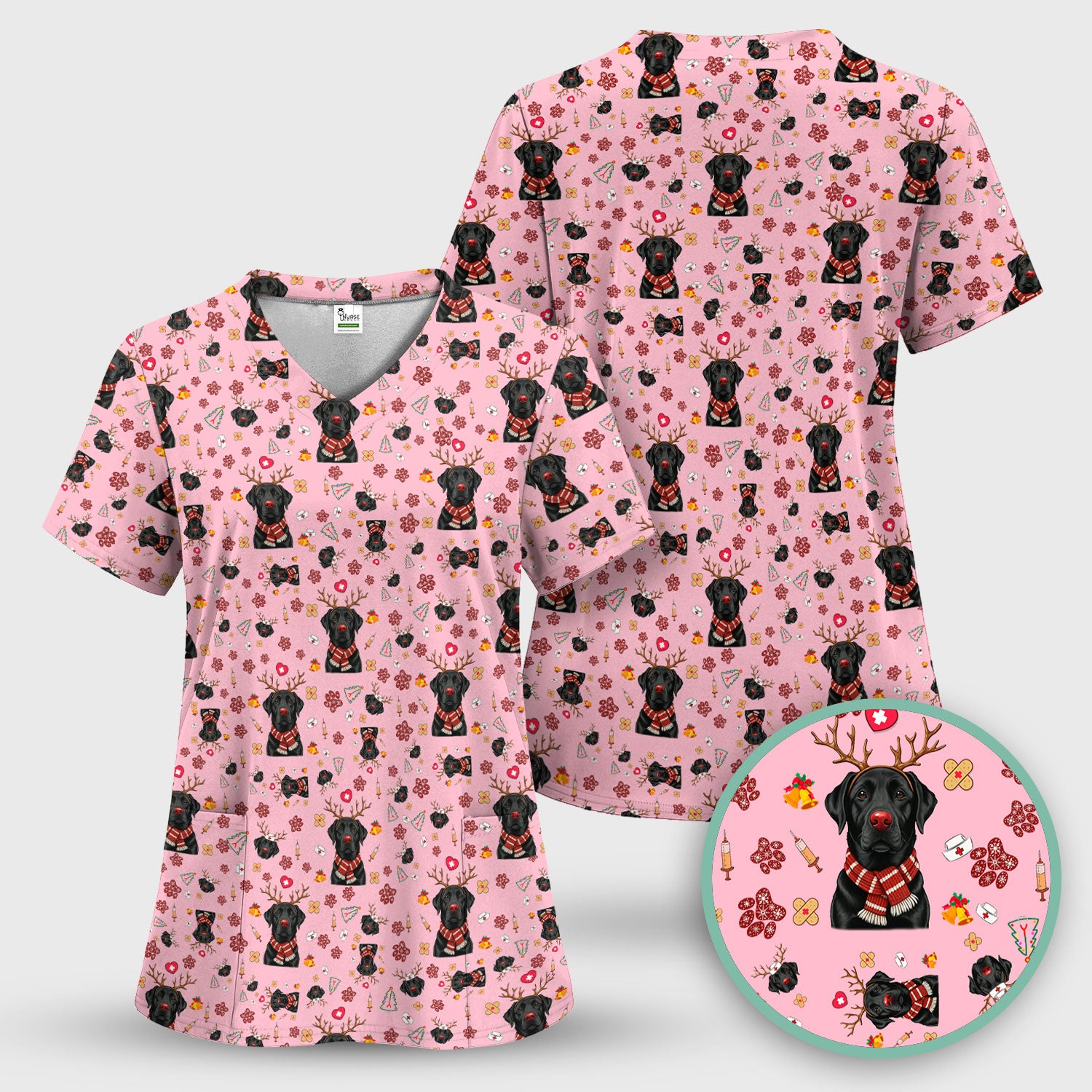 Black Lab Christmas Scrub Top - Funny Labrador Nurse Shirt - Cute Holiday Medical Uniform for Women RN LPN CNA Gift