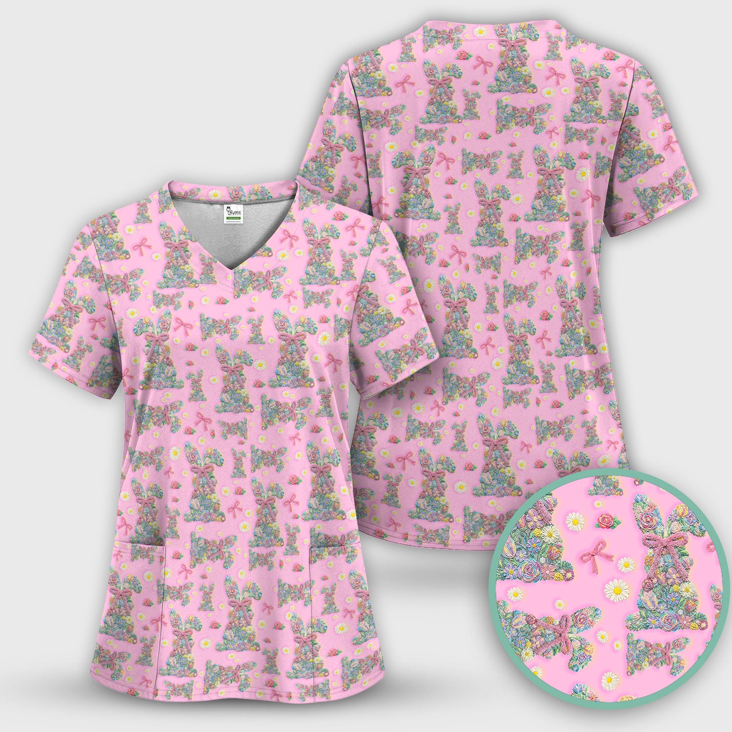 Colorful Floral Bunny with Pink Bow Pattern Scrub Top, Breathable Fabrics Nursing Uniform, Easter