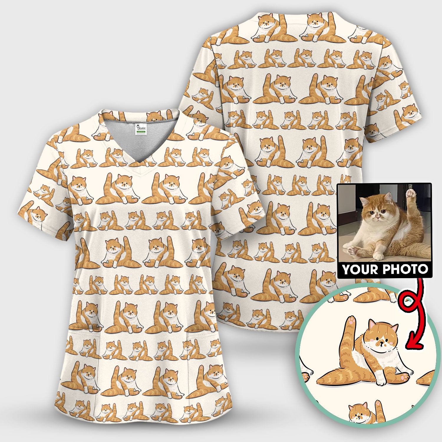 Personalized Cute Cat Nurse Scrub Top, Custom Cat Photo Pattern Medical Shirt For Pet Lover, Breathable Fabrics Nursing Uniform
