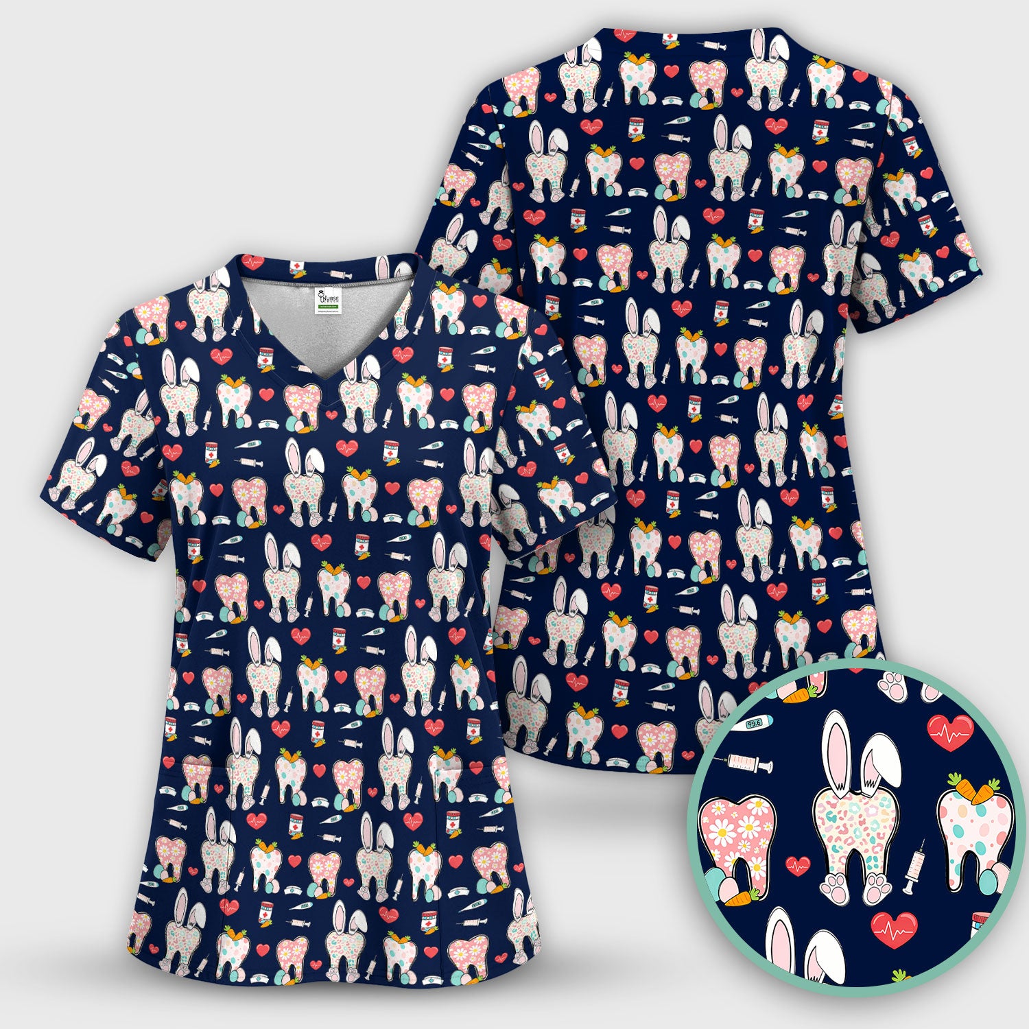 Playful Bunny Dentist Illustration Medical Scrub Top, Comfortable Scrubs for Nurses, Easter