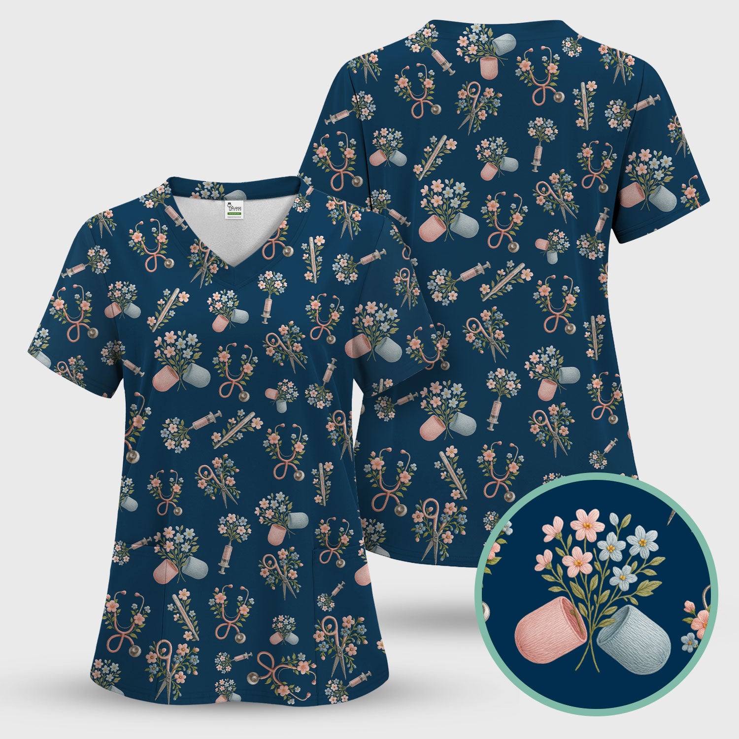 Floral Medical Scrub Set, Elegant Stethoscope With Flower Nursing Shirt, Breathable Fabrics Nurse Uniform