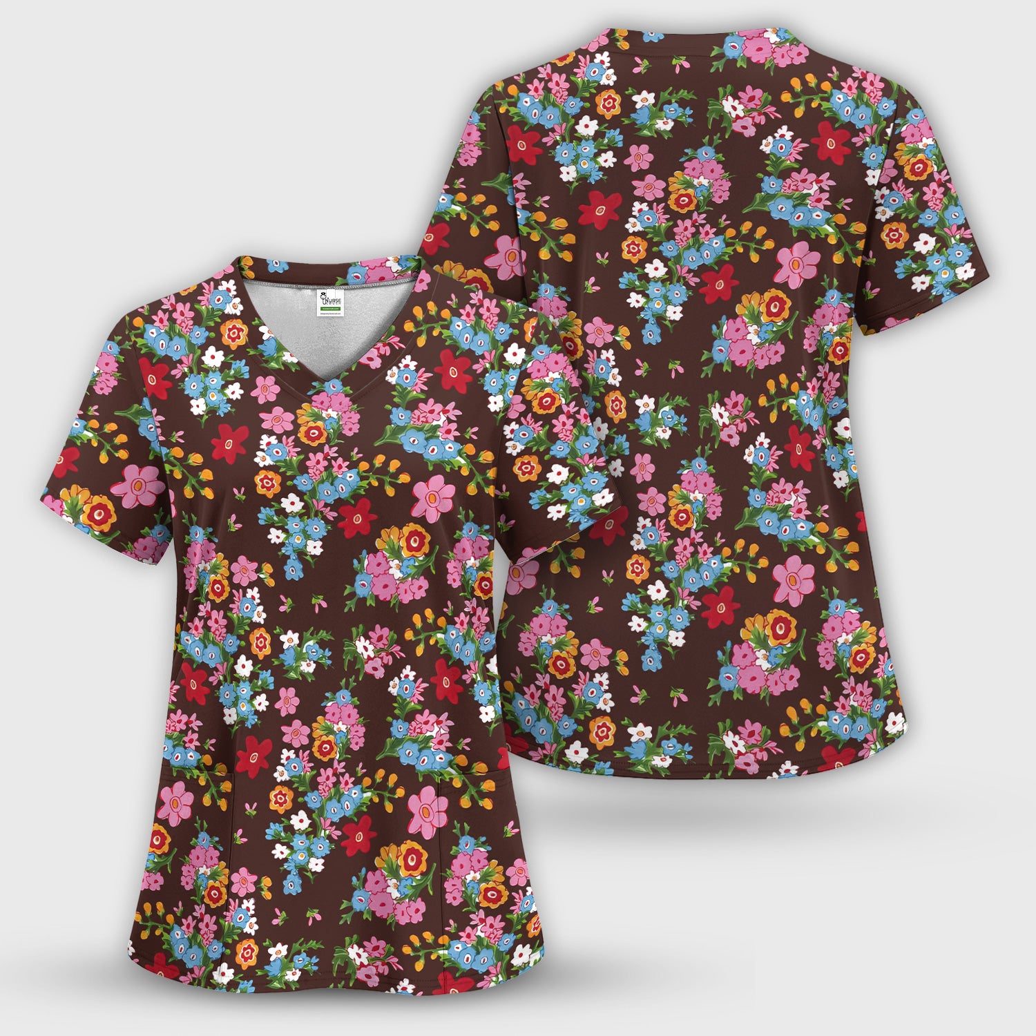 Charming Vintage Floral Bouquet Pattern Scrub Set, Nurse Uniform Scrubs Set