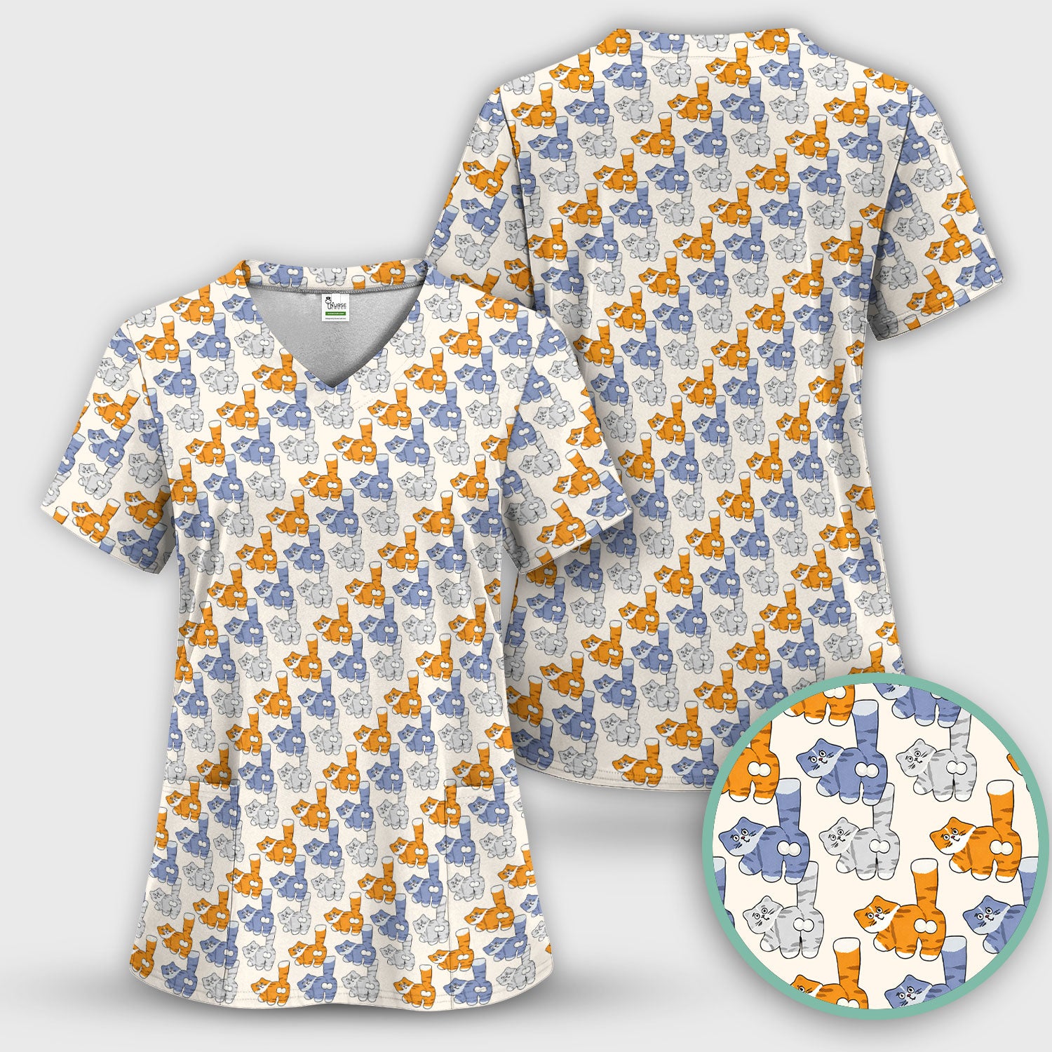 Cute Cartoon Cat Pattern Scrub Top for Nurses, Comfortable Scrubs for Nurses