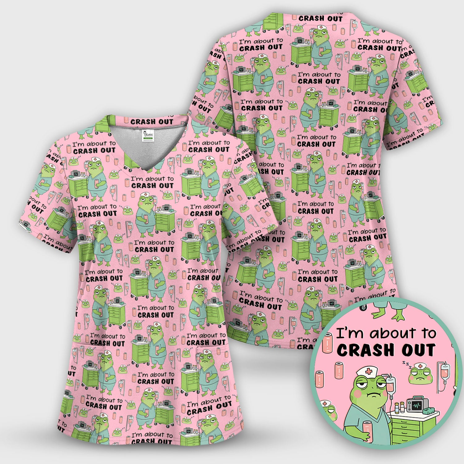 Funny Frog Pattern Nurse Scrub Set, I’m About to Crash Out Nurse Shirt, Breathable Fabrics Nursing Uniform