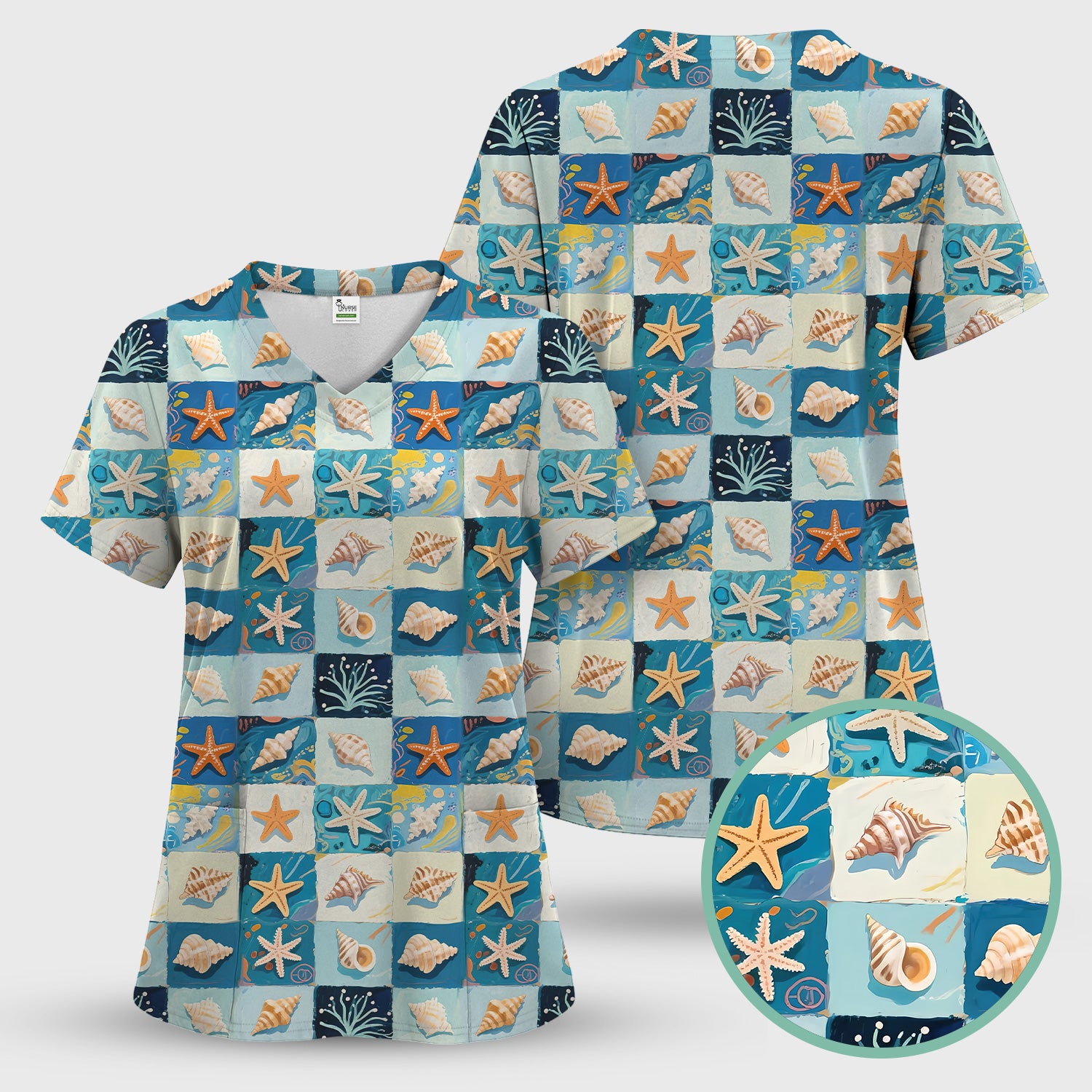 Cute Seashell Starfish Ocean Tile Pattern Scrub Top, Comfortable Scrubs for Nurses