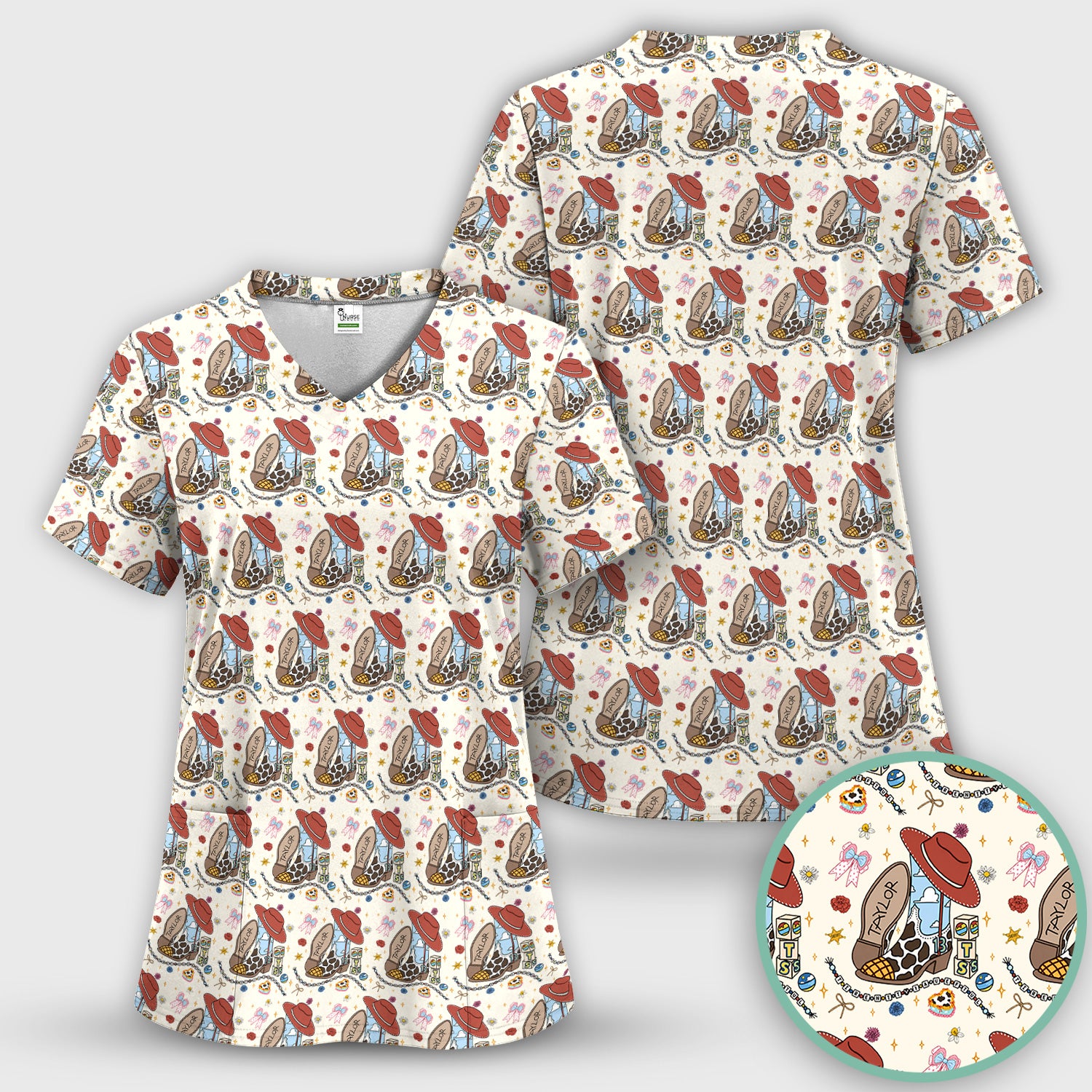 Western Cowgirl Country Medical Pattern Scrub Set, Scrub Pants and V Neck Top