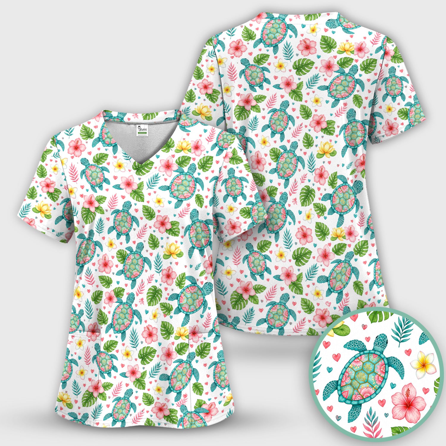 Tropical Sea Turtle Floral Pattern Scrub Top, Comfortable Scrubs for Nurses