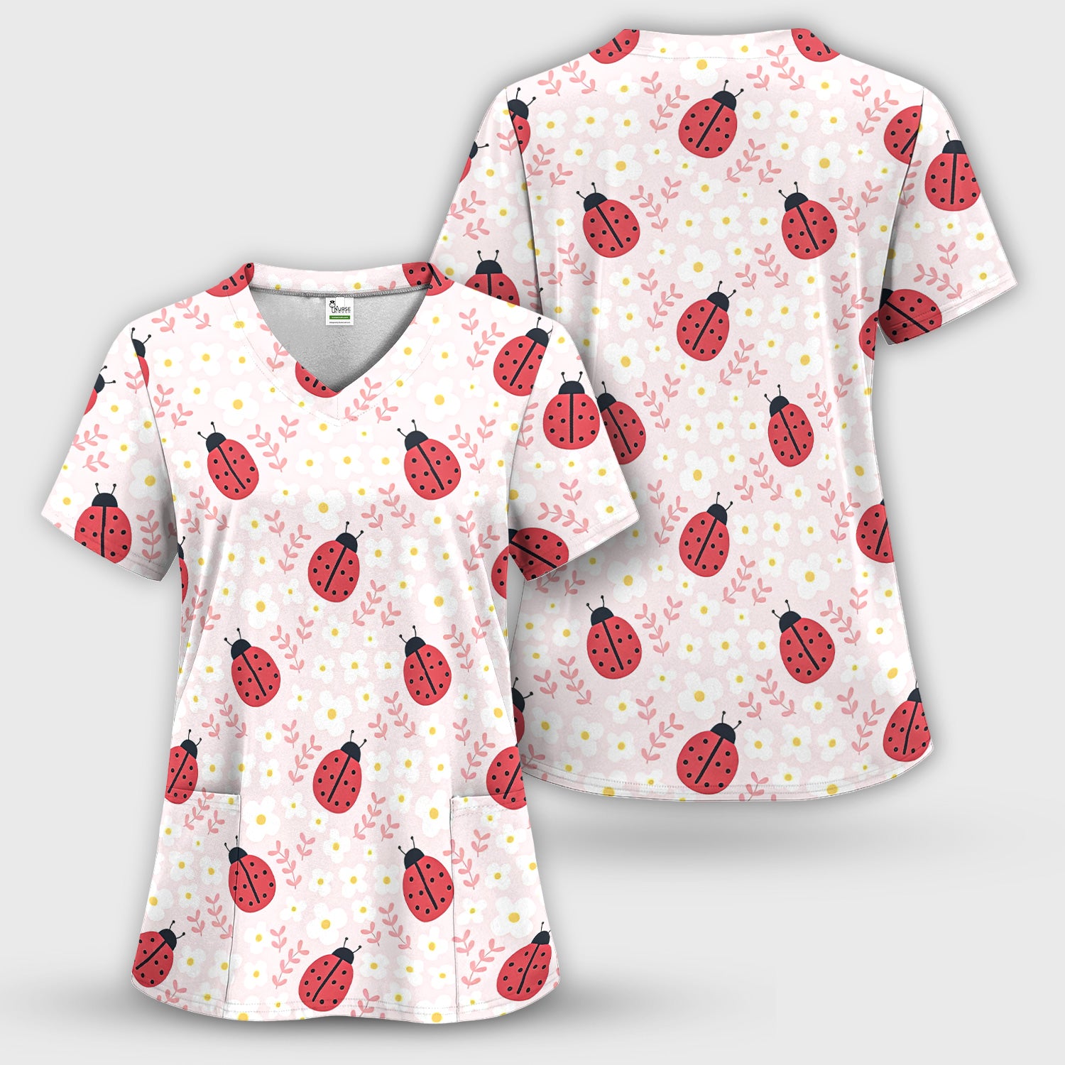 Lovely Ladybug Blossom Garden Print Scrub Top, Breathable Fabrics Nursing Uniform