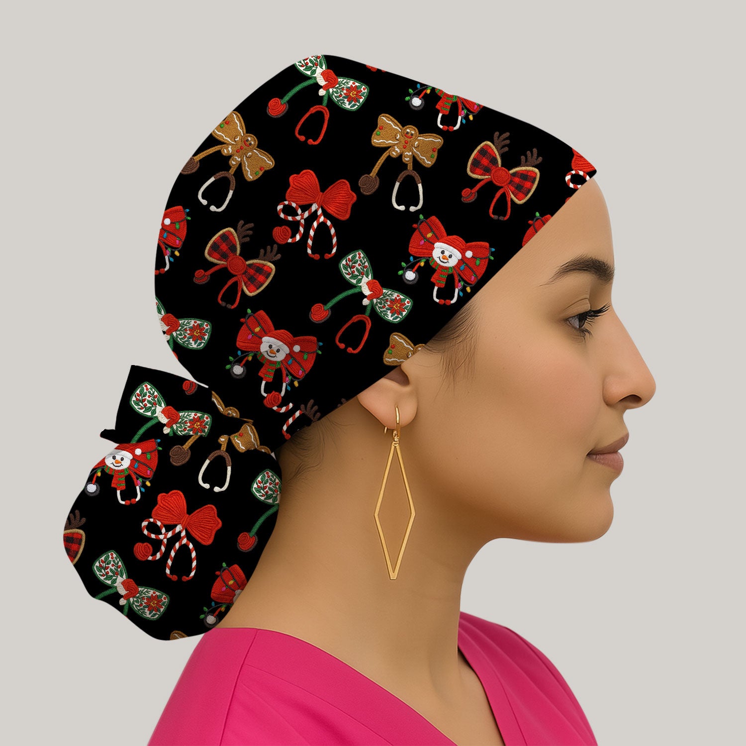 Christmas Stethoscope Bow Nurse Scrub Cap, Xmas Pattern Scrub Hat, Holiday Nursing Uniform