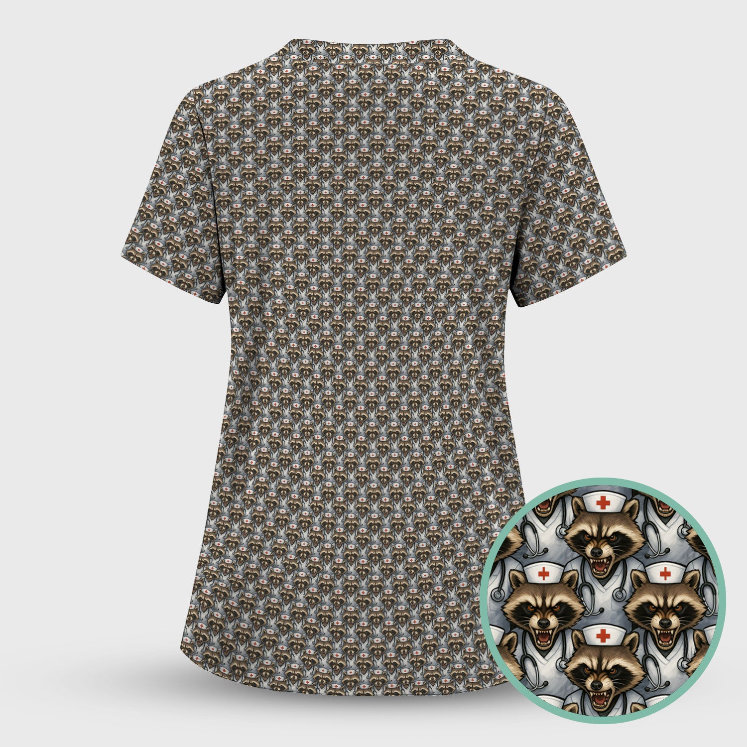 Quirky Raccoon Nurse Shirt - Repeating Angry Animal Pattern Graphic Tee - Gift for Women RN, LPN, CNA