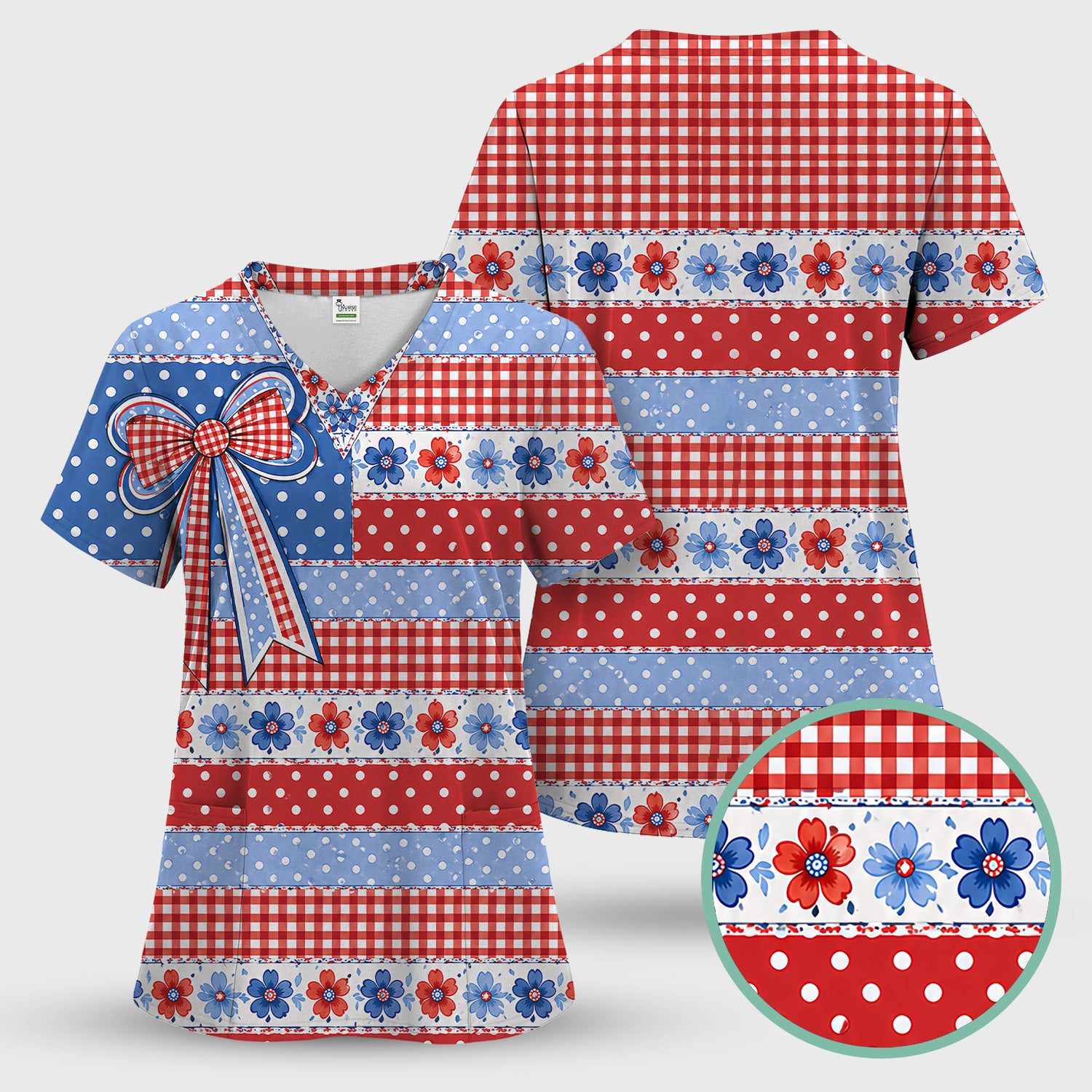 Patriotic Gingham Bow Floral Pattern Scrub Set, Scrub Pants and V Neck Top