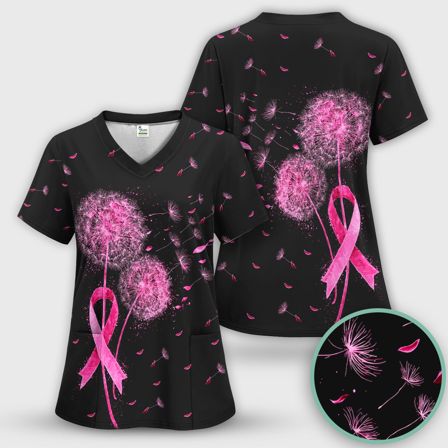 Meaningful Pink Ribbon Dandelion Scrub Top, Comfortable Scrubs for Nurses