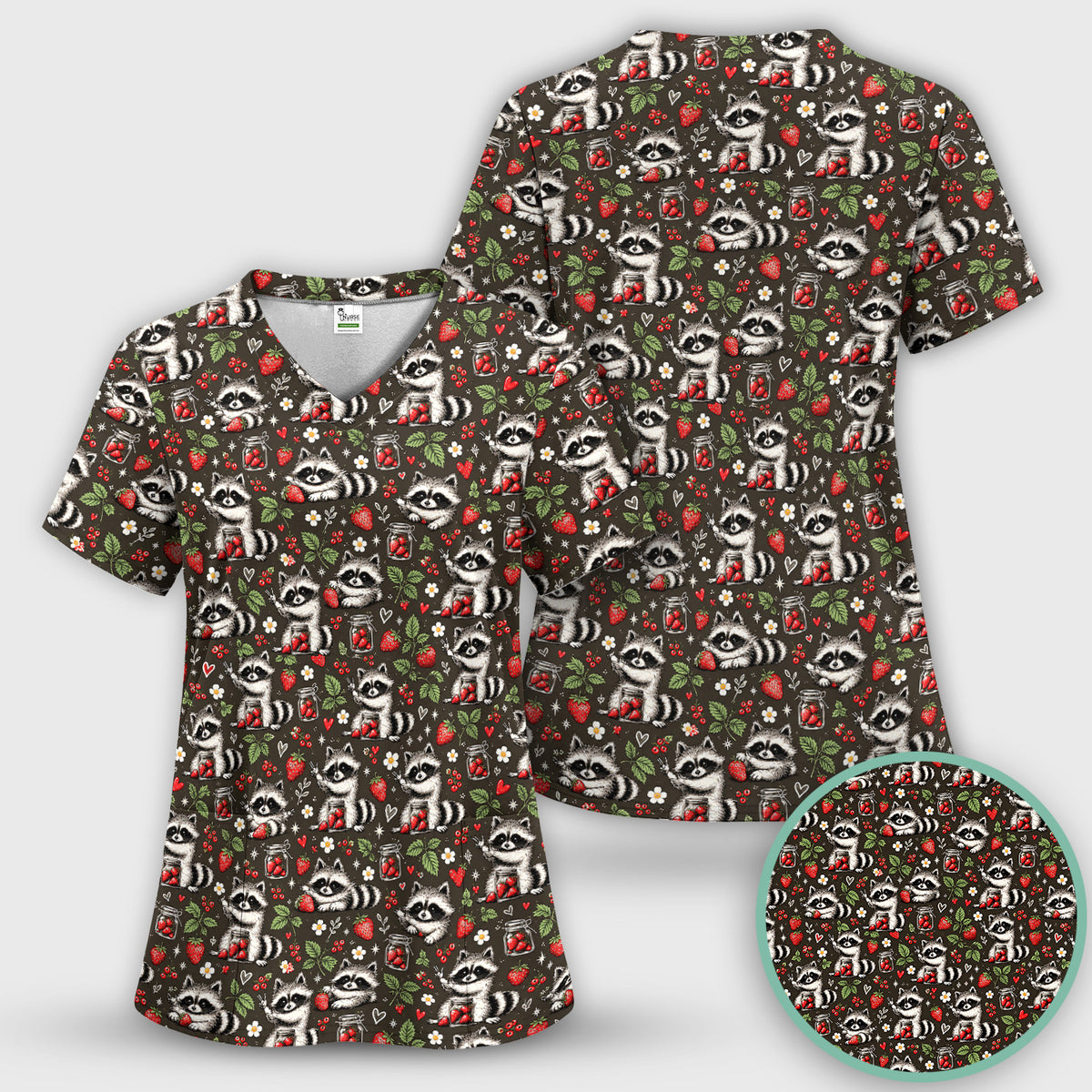 Cute Raccoons And Strawberries Pattern Scrub Top, Comfortable Scrubs for Nurses