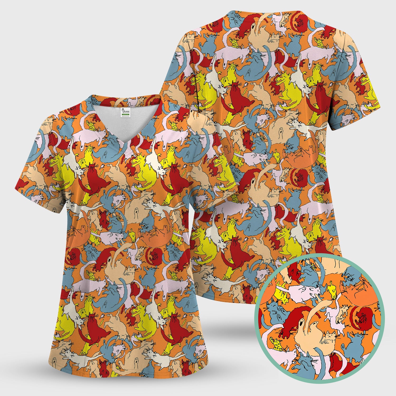 Colorful Cat Chaos Illustration Pattern Scrub Set, Scrub Pants and V Neck Top