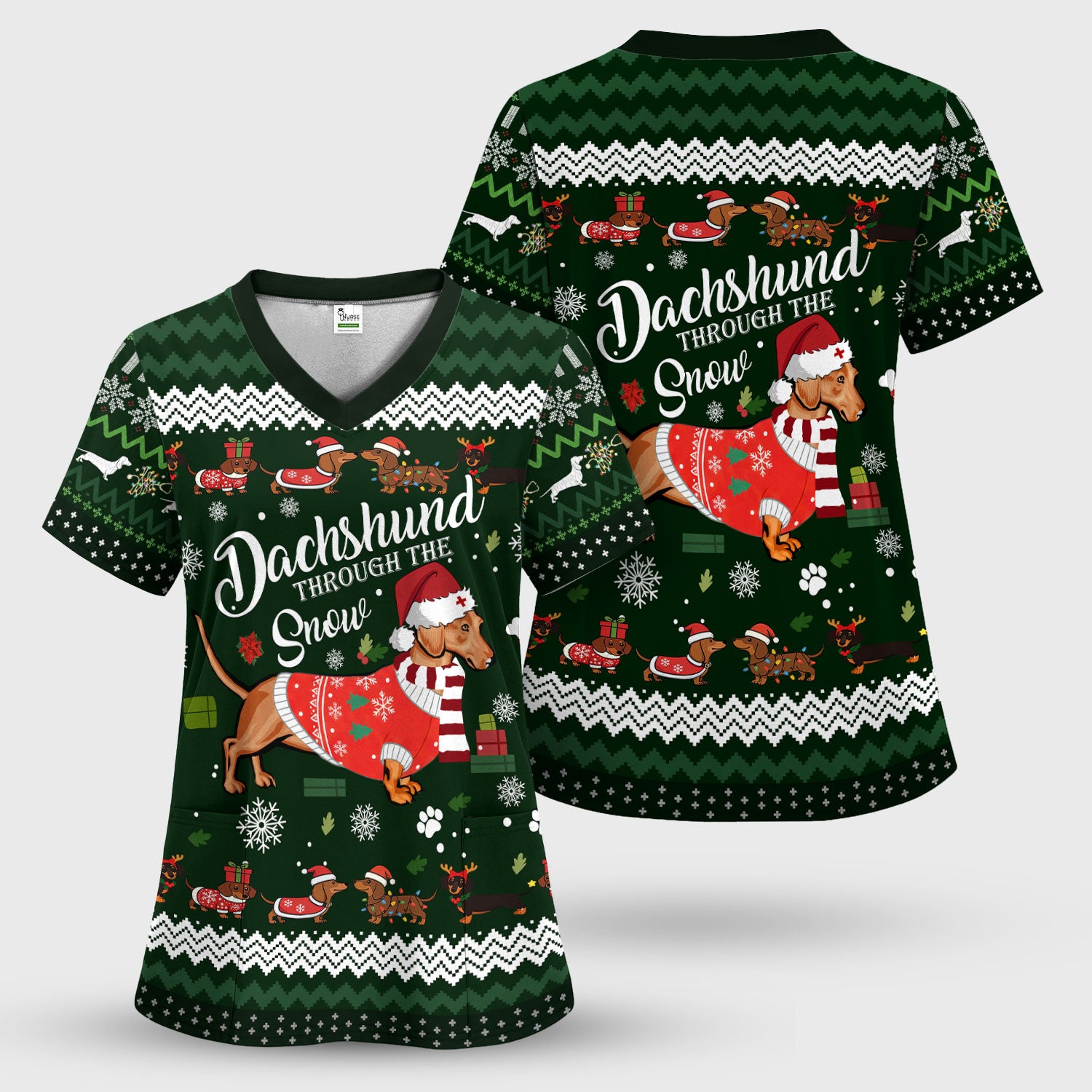 Dachshund Through the Snow - Funny Christmas Scrub Top - Wiener Dog Lover Gift - Holiday Medical Uniform