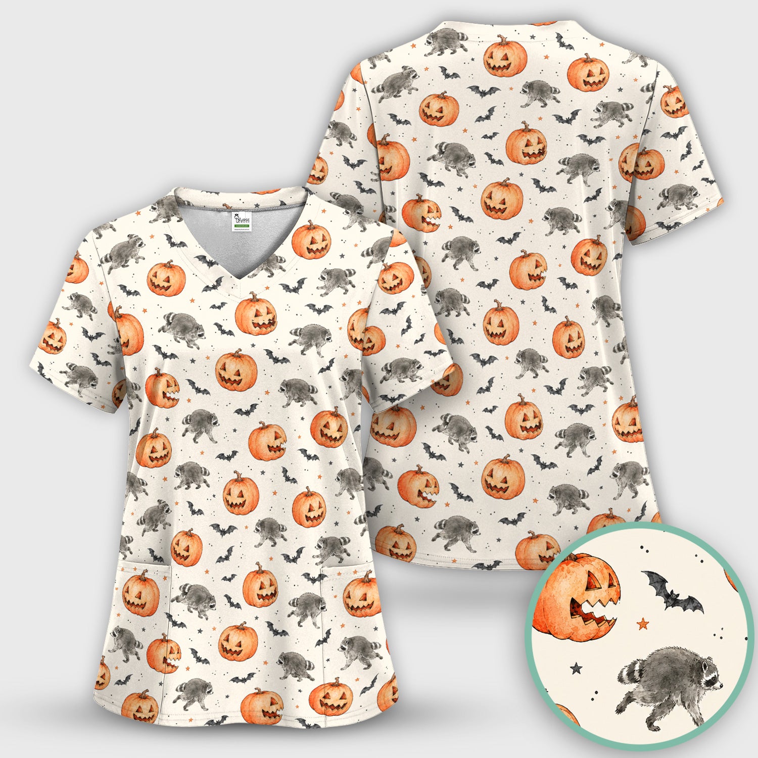 Spooky Halloween Raccoon And Pumpkin Scrub Set, Scrub Pants and V Neck Top