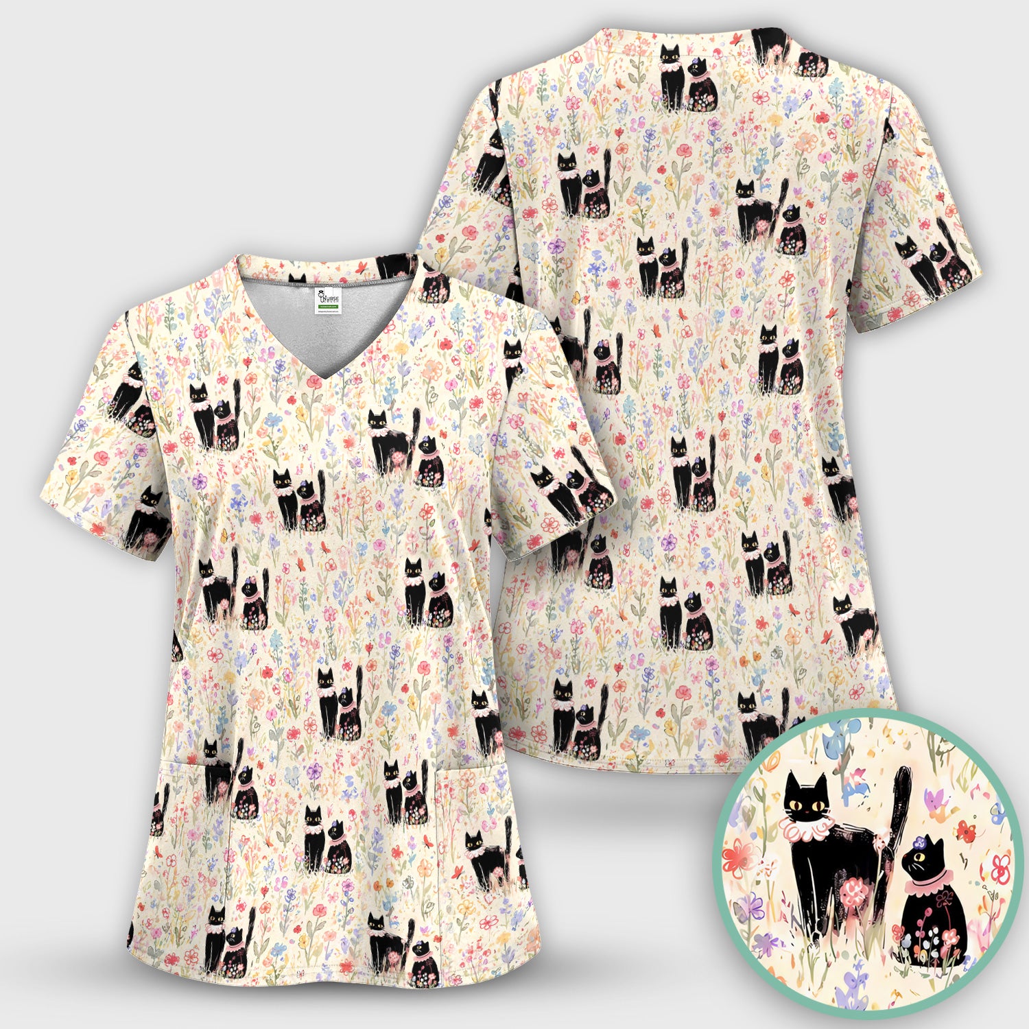 Cute Black Cats Wildflower Garden Pattern Scrub Top, Comfortable Scrubs for Nurses