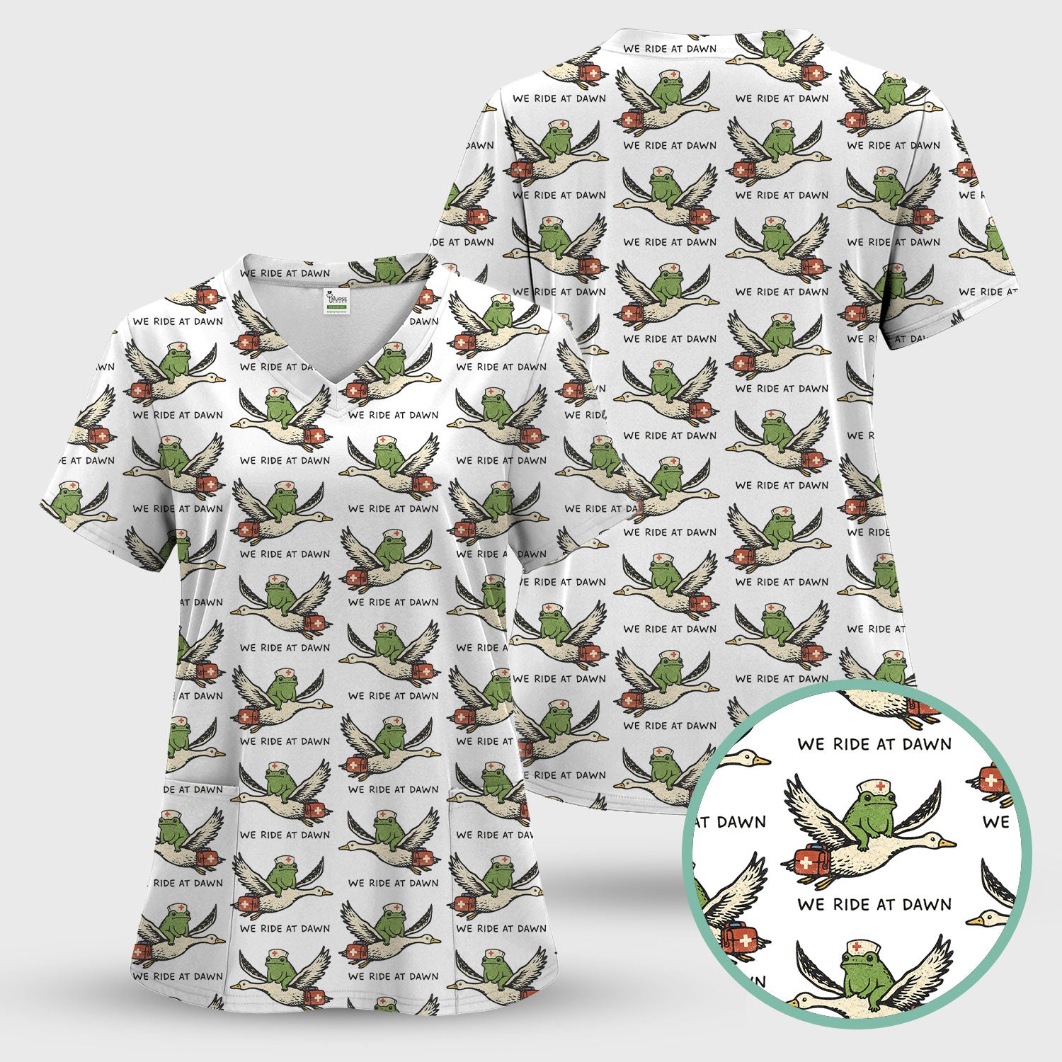 Funny Frog Riding Goose Nurse Pattern Scrub Set, Nurse Uniform Scrubs Set