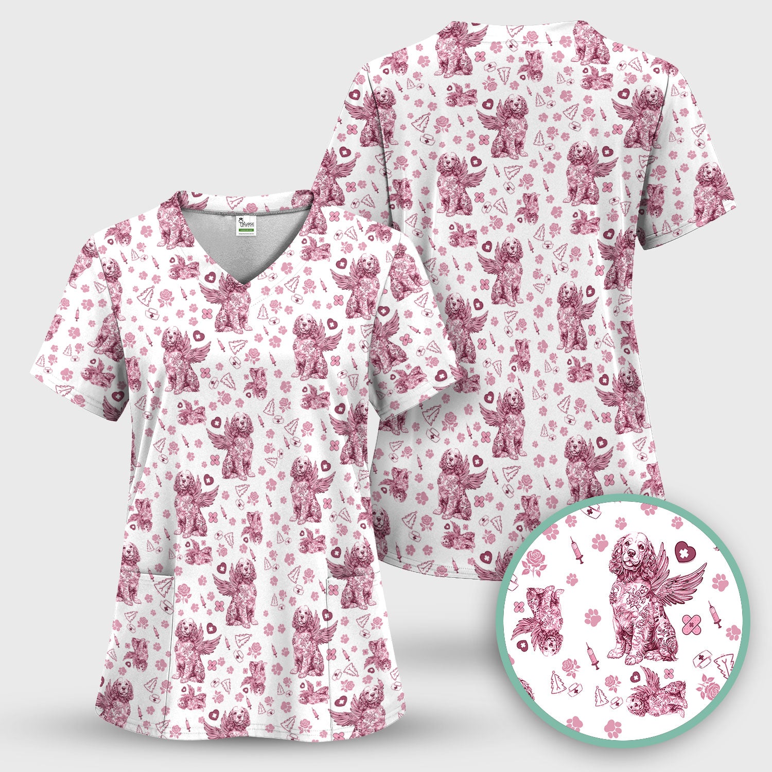 Toile De Jouy Scrubs for Nurses - Angel Puppy Medical Uniform - Floral Dog in Heaven Gift for Women, Vet Techs, RN CNA LPN