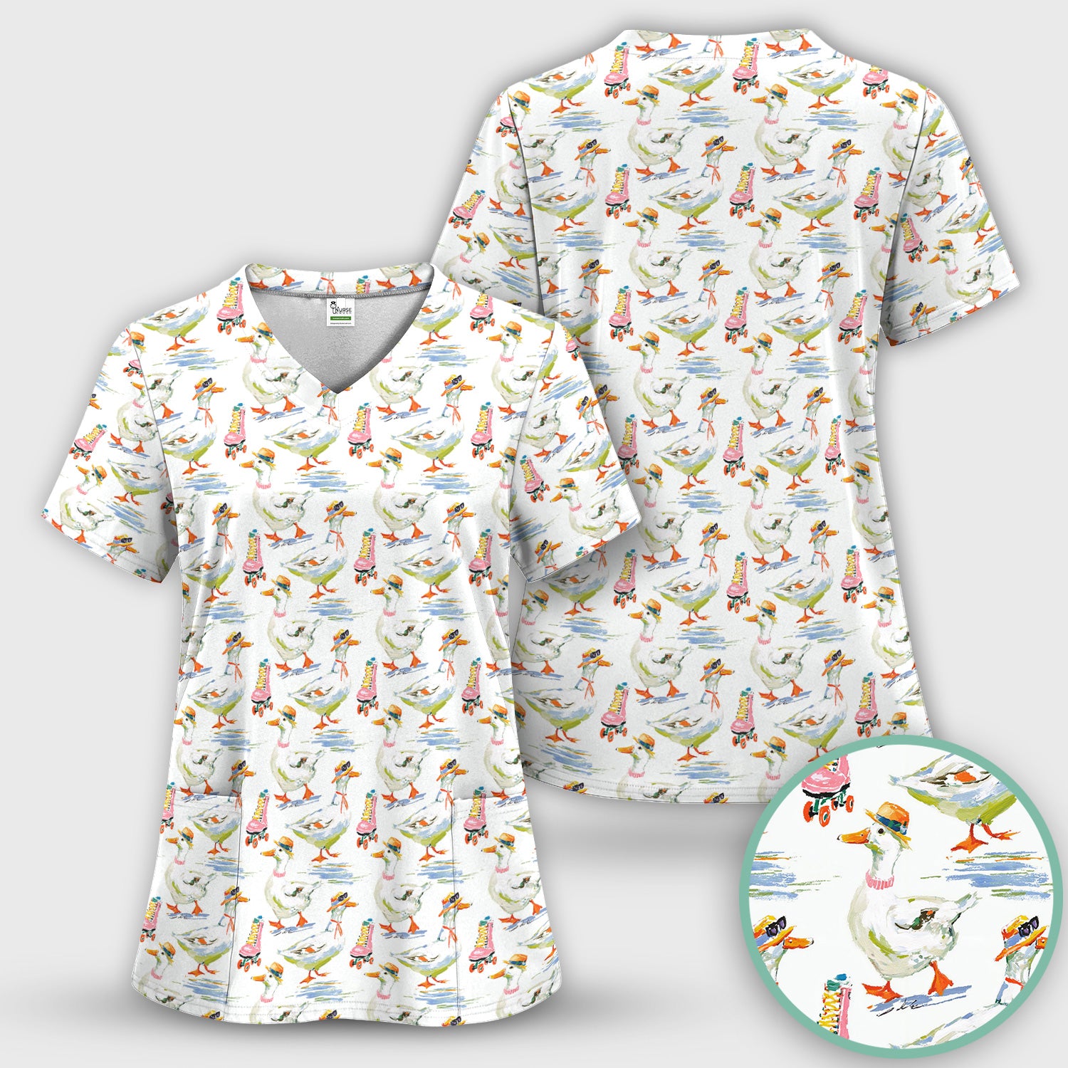 Roller Skating Goose Nurse Pattern Scrub Set, Scrub Pants and V Neck Top