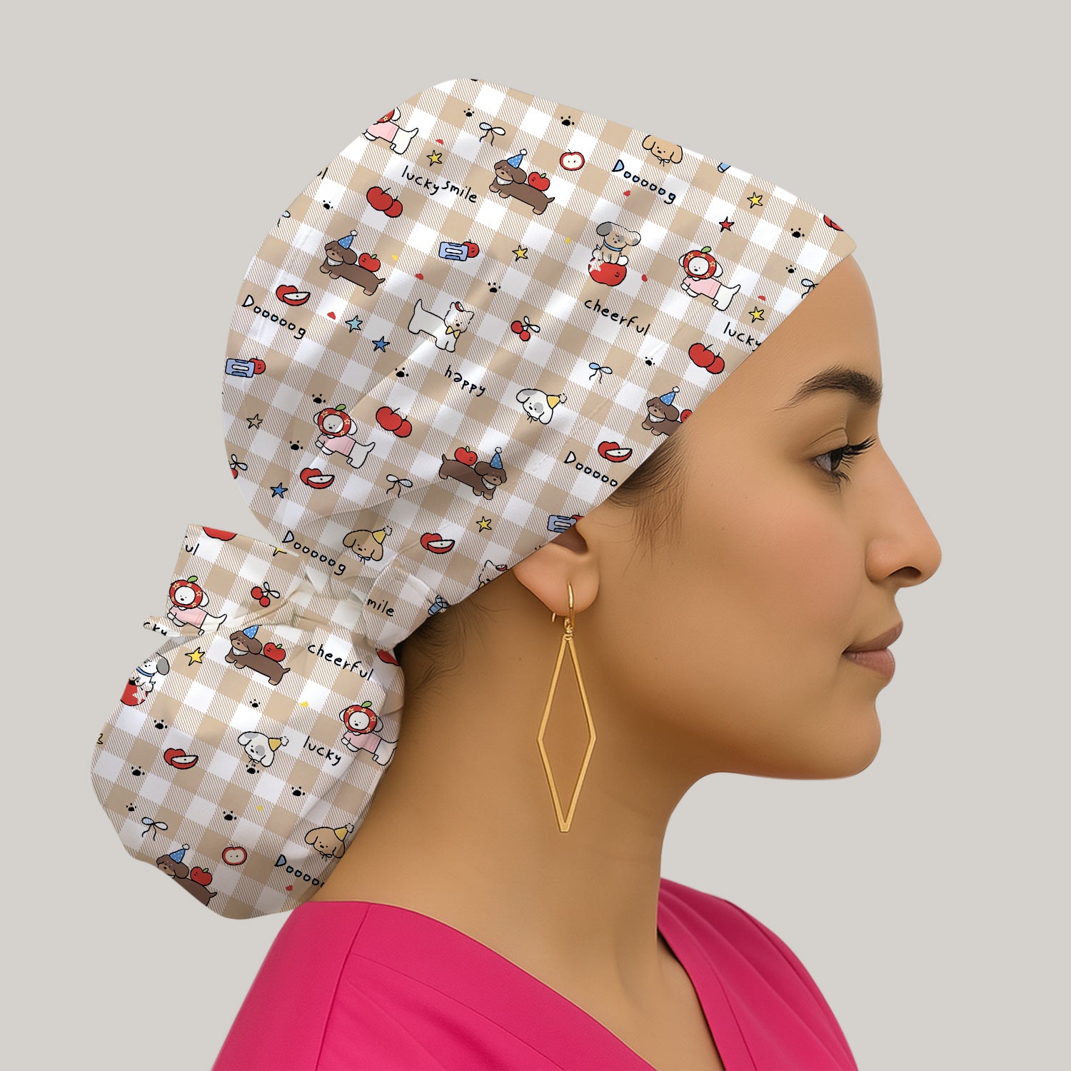 Cute Nurse Cartoon Puppy Apple Gingham Scrub Cap, Surgical Caps for Doctors