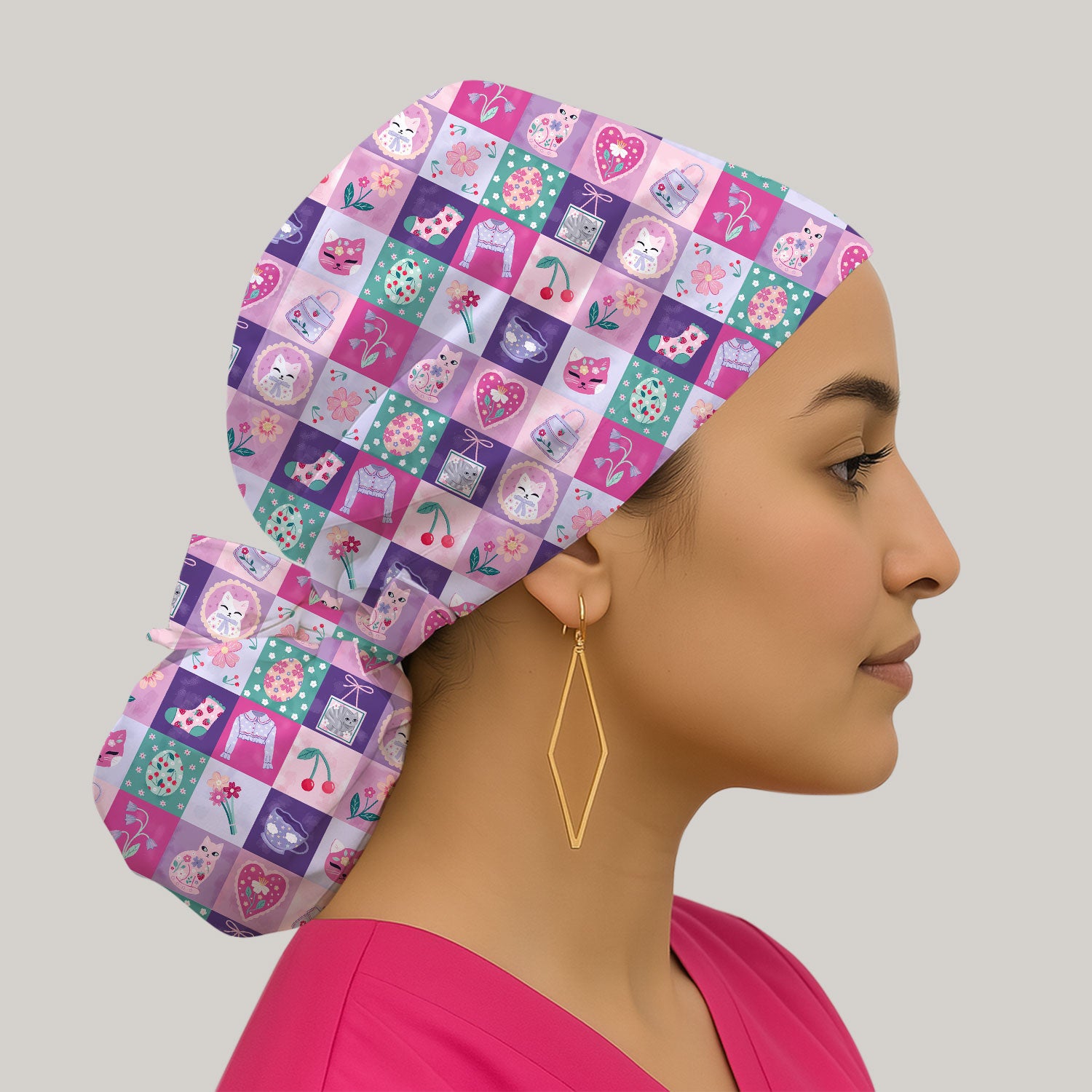 Pastel Cat Patchwork Pattern Scrub Cap, Surgical Caps for Doctors